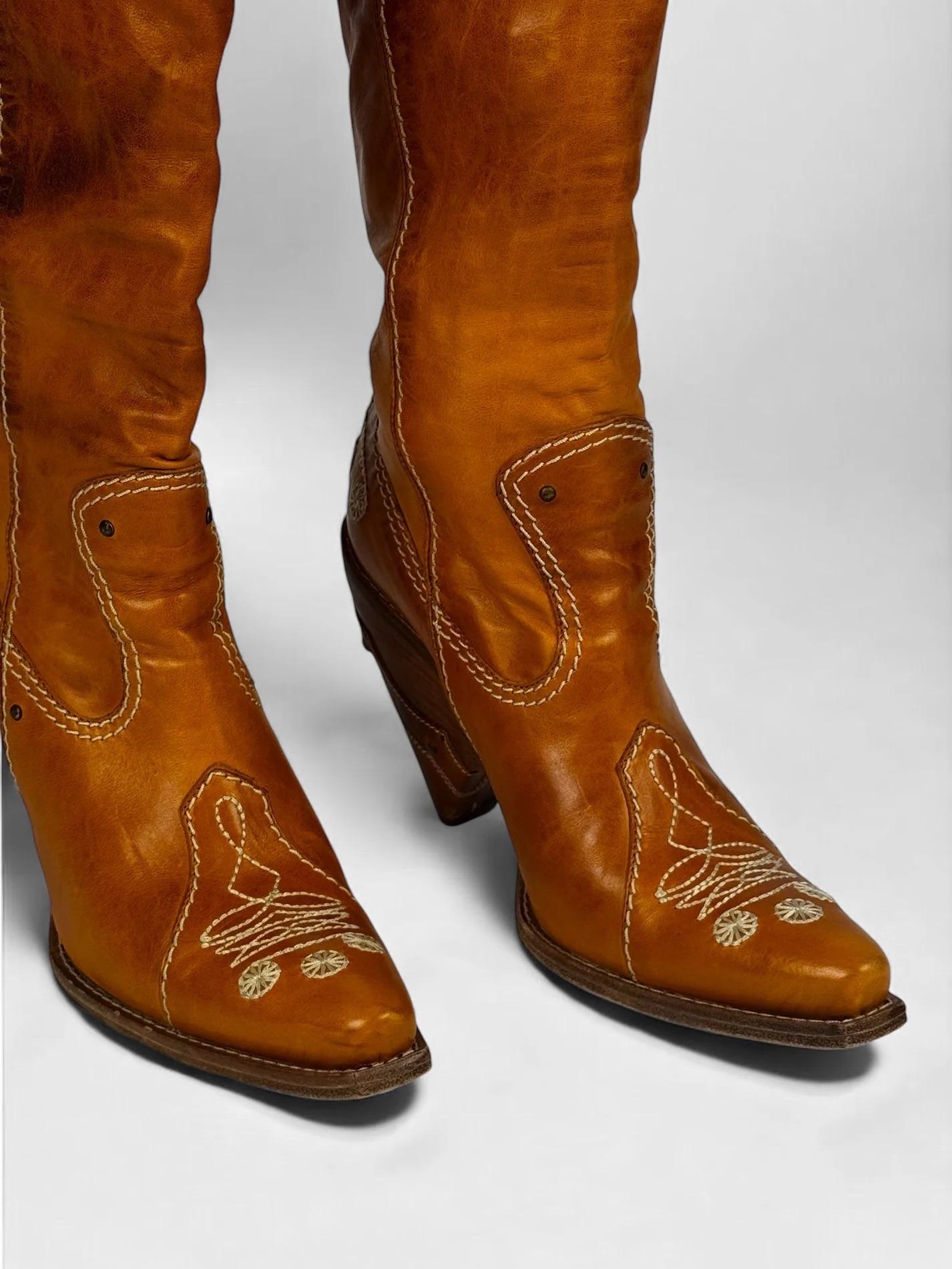 Brown Christian Dior by John Galliano Tan Leather Cowboy Boots, 2001
