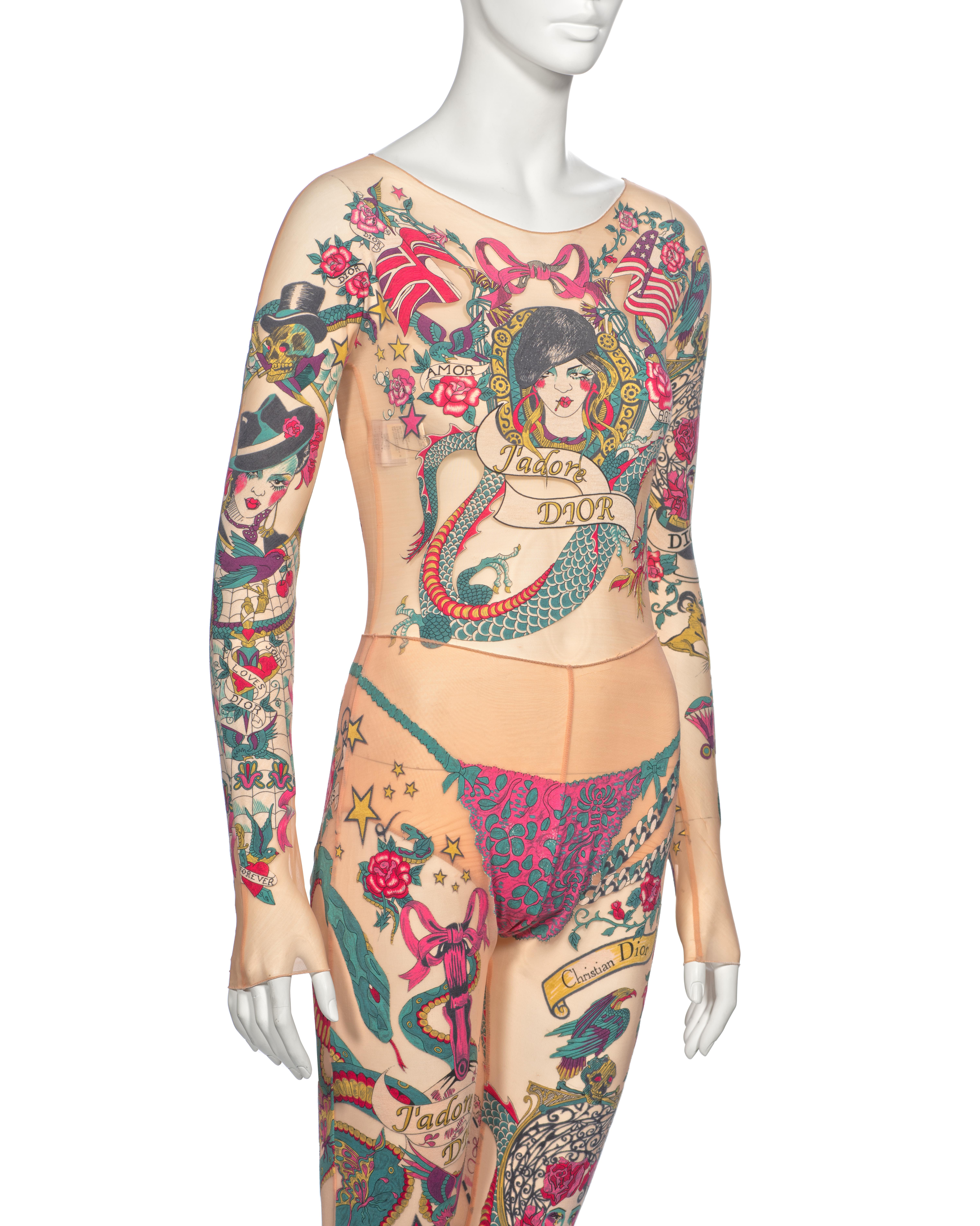 Christian Dior by John Galliano Tattoo Print Body, Leggings and Skirt, ss 2004 For Sale 7