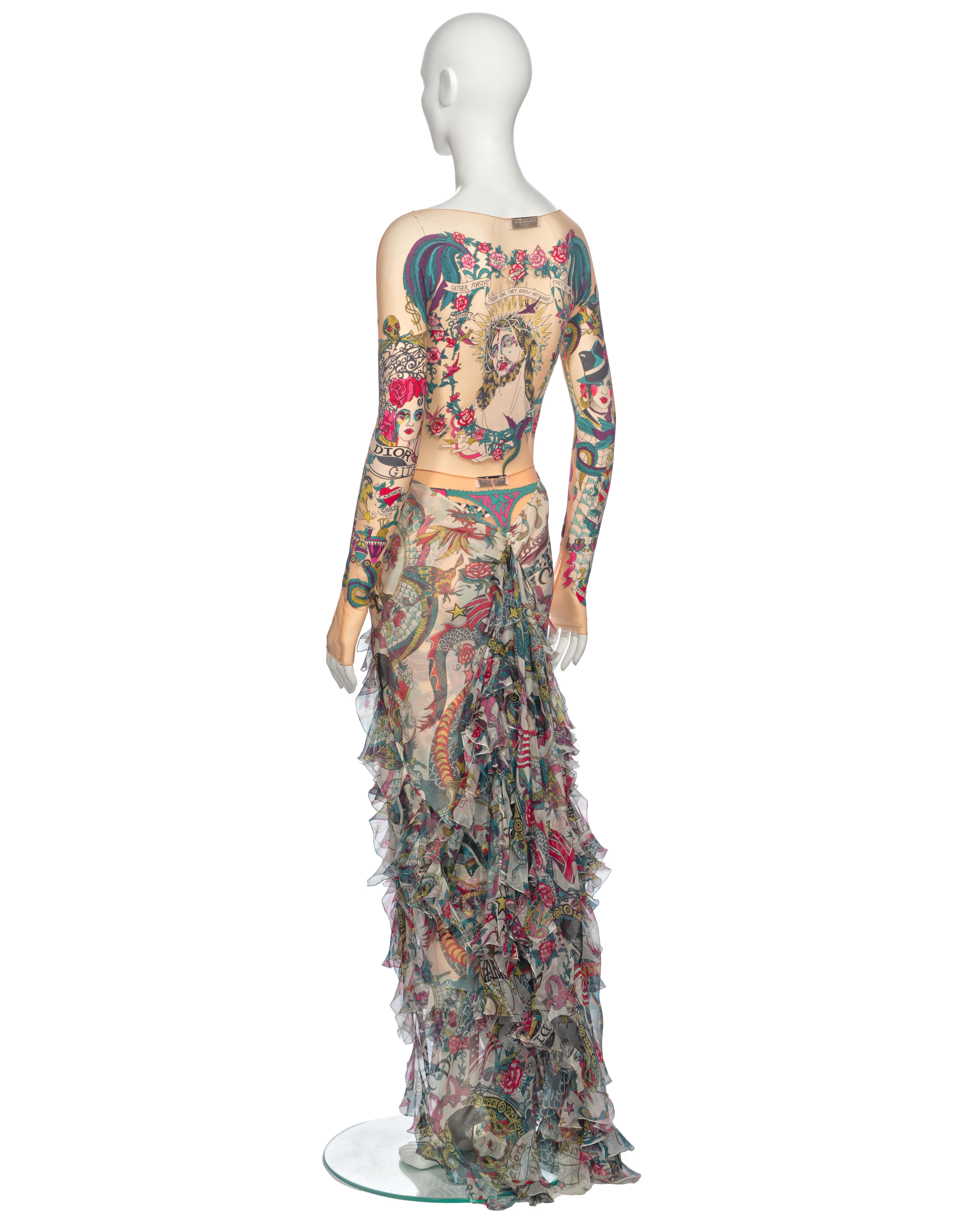 Christian Dior by John Galliano Tattoo Print Body, Leggings and Skirt, ss 2004 For Sale 8