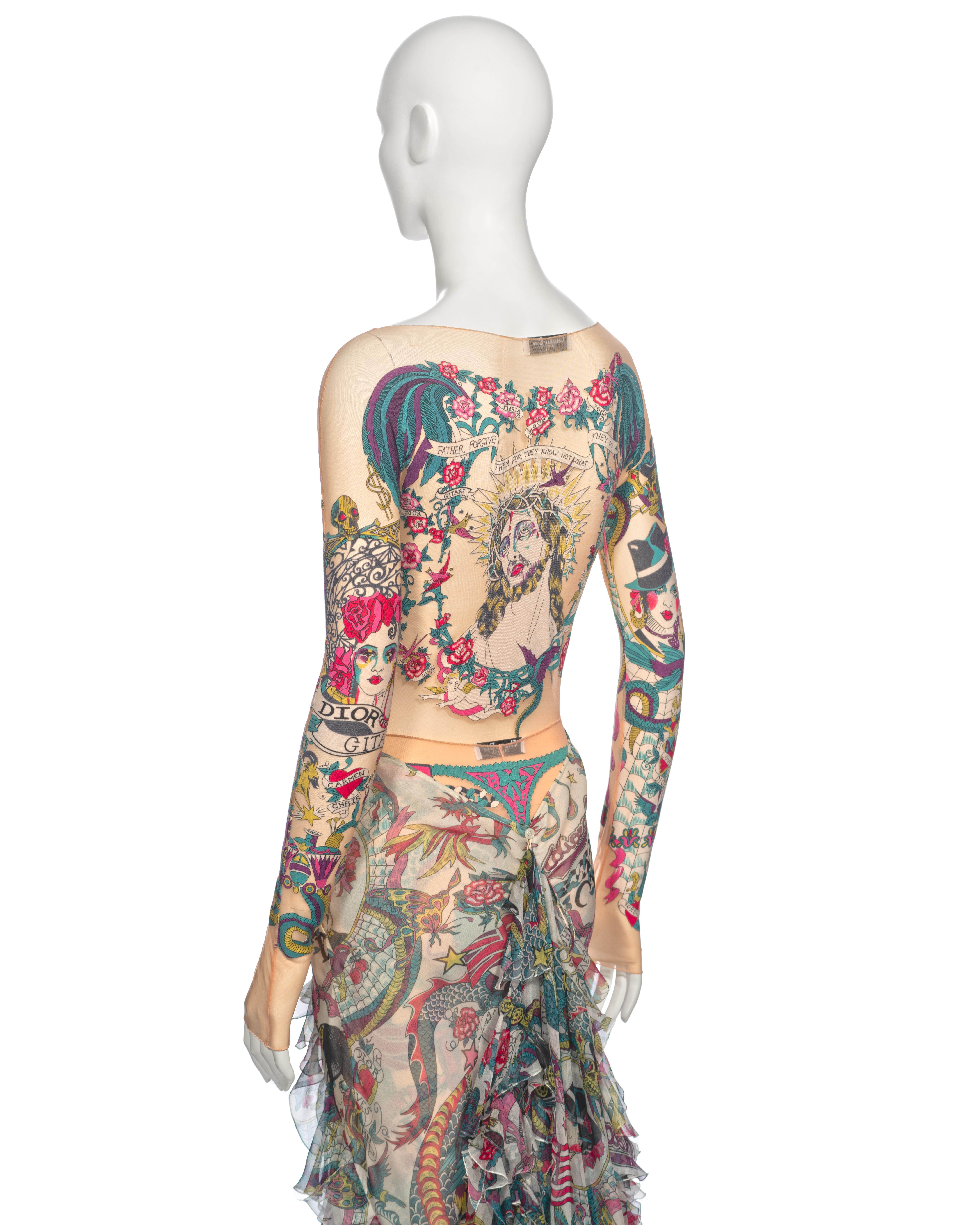 Christian Dior by John Galliano Tattoo Print Body, Leggings and Skirt, ss 2004 For Sale 9