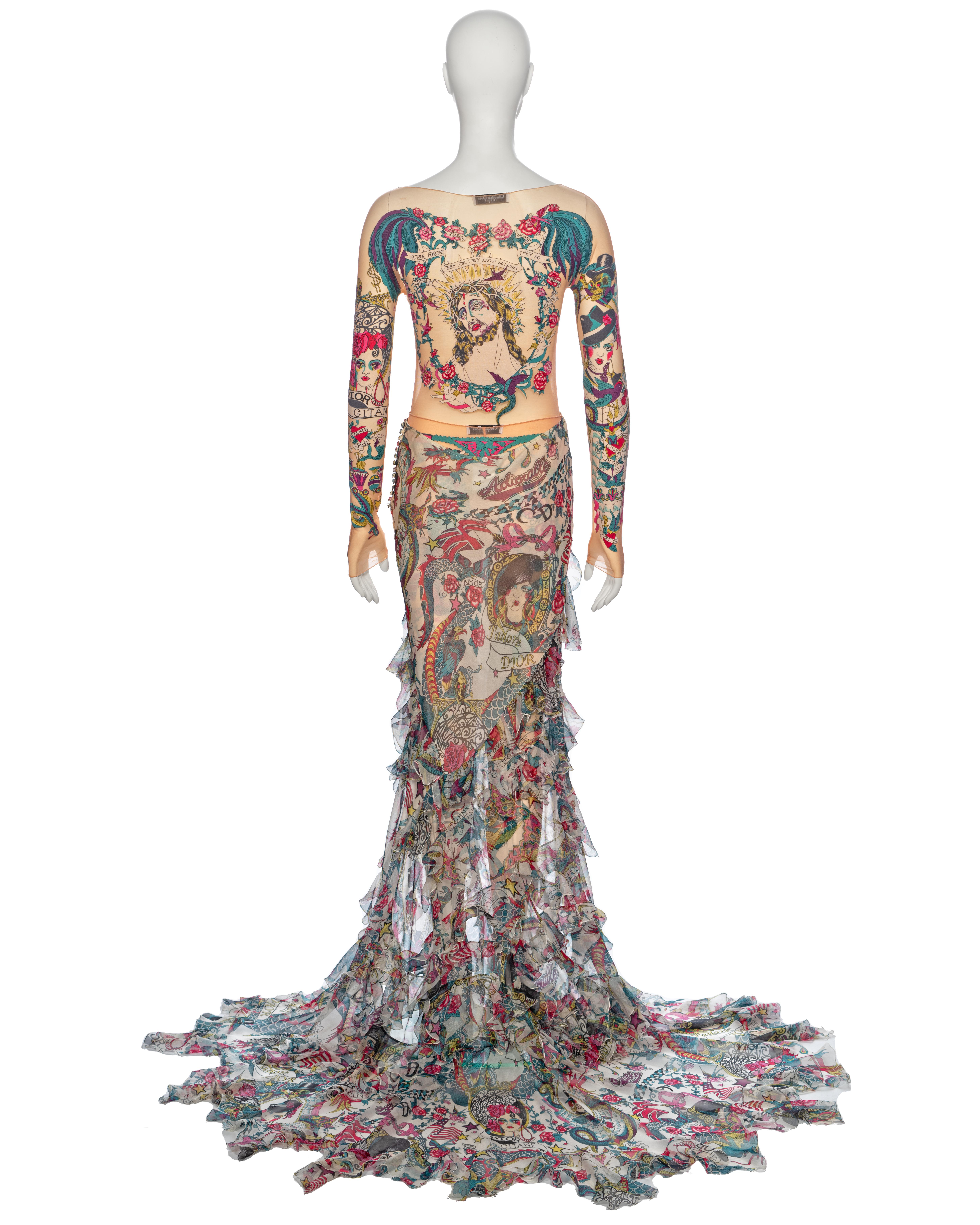 Christian Dior by John Galliano Tattoo Print Body, Leggings and Skirt, ss 2004 For Sale 11