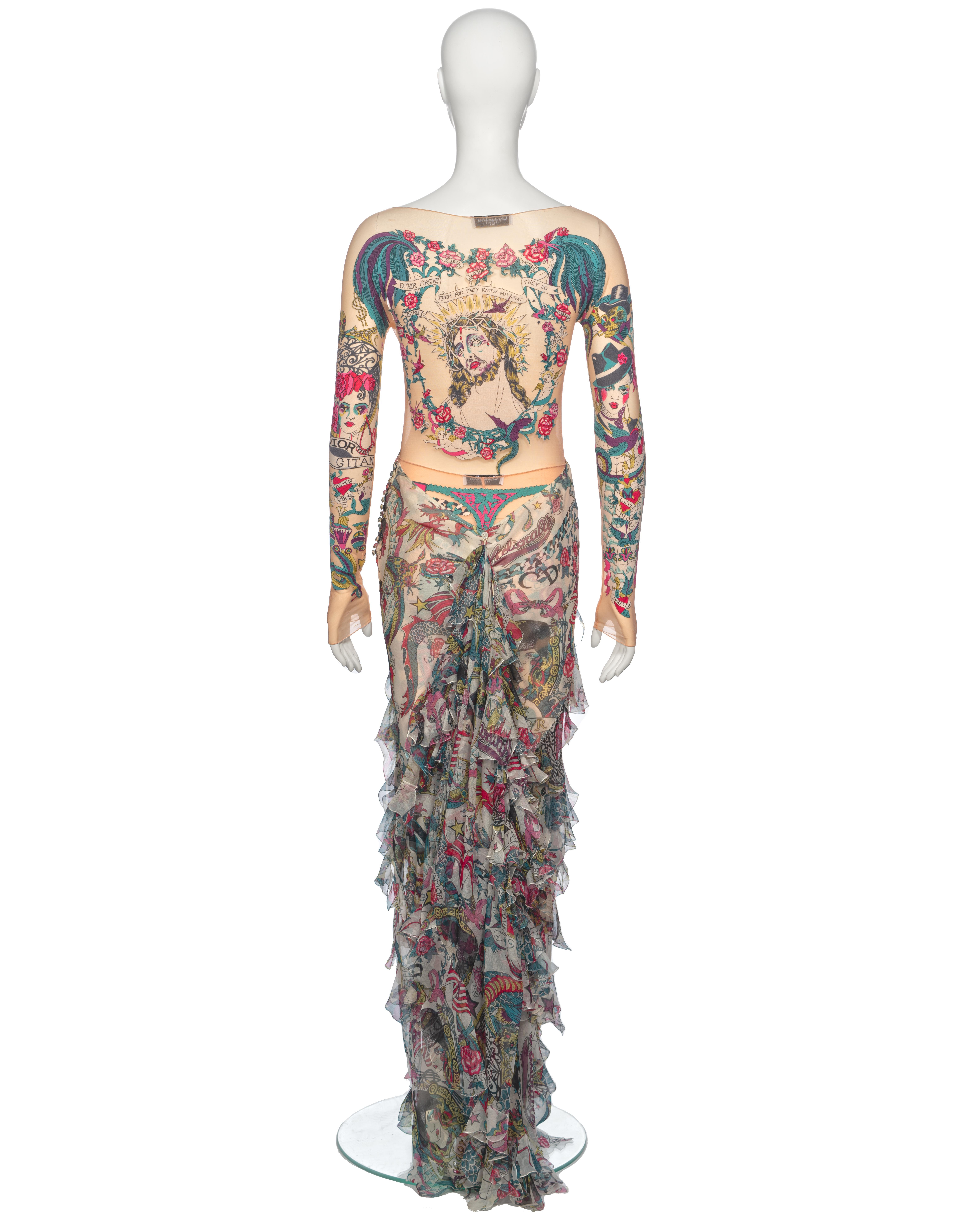 Christian Dior by John Galliano Tattoo Print Body, Leggings and Skirt, ss 2004 For Sale 12