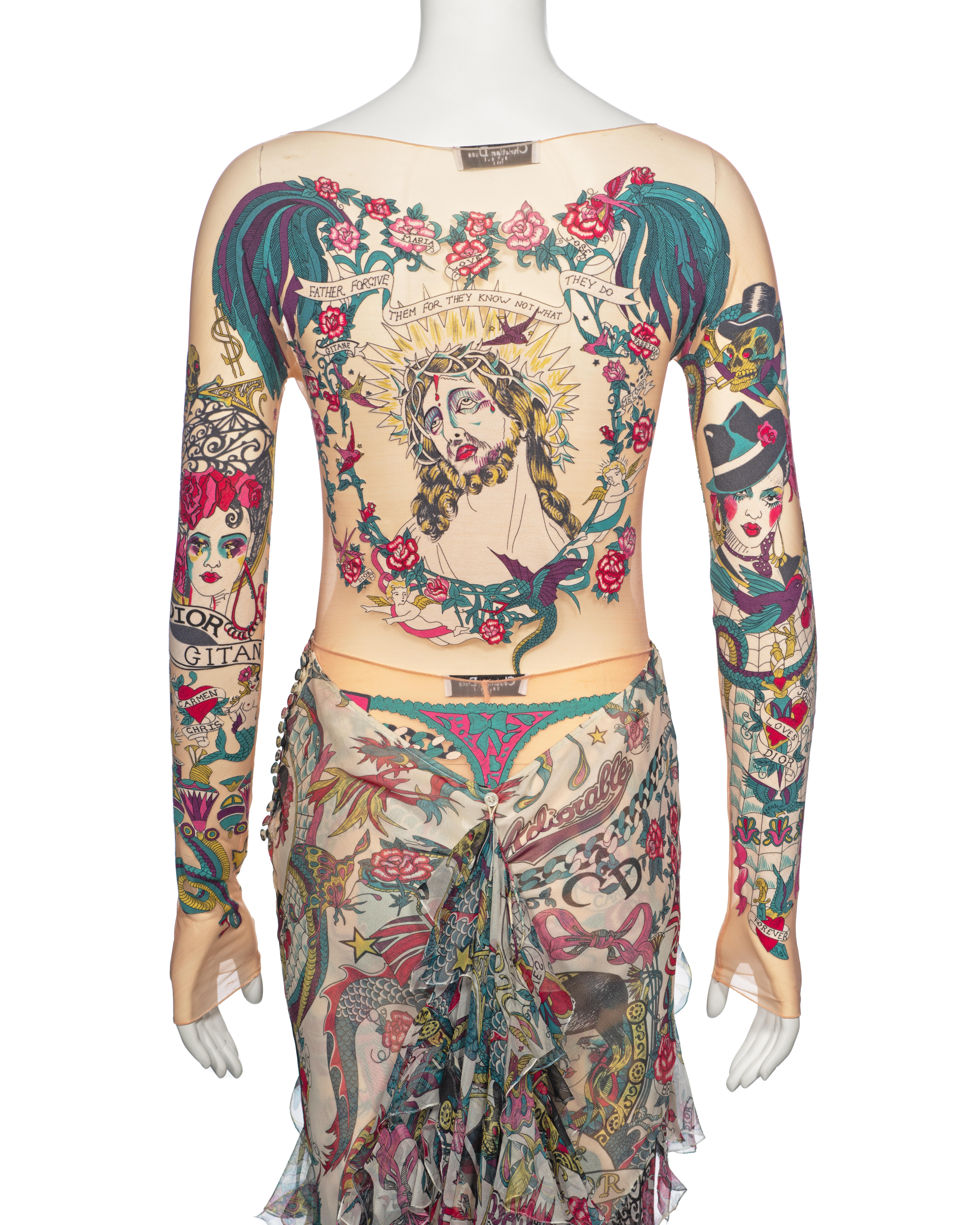 Christian Dior by John Galliano Tattoo Print Body, Leggings and Skirt, ss 2004 For Sale 13