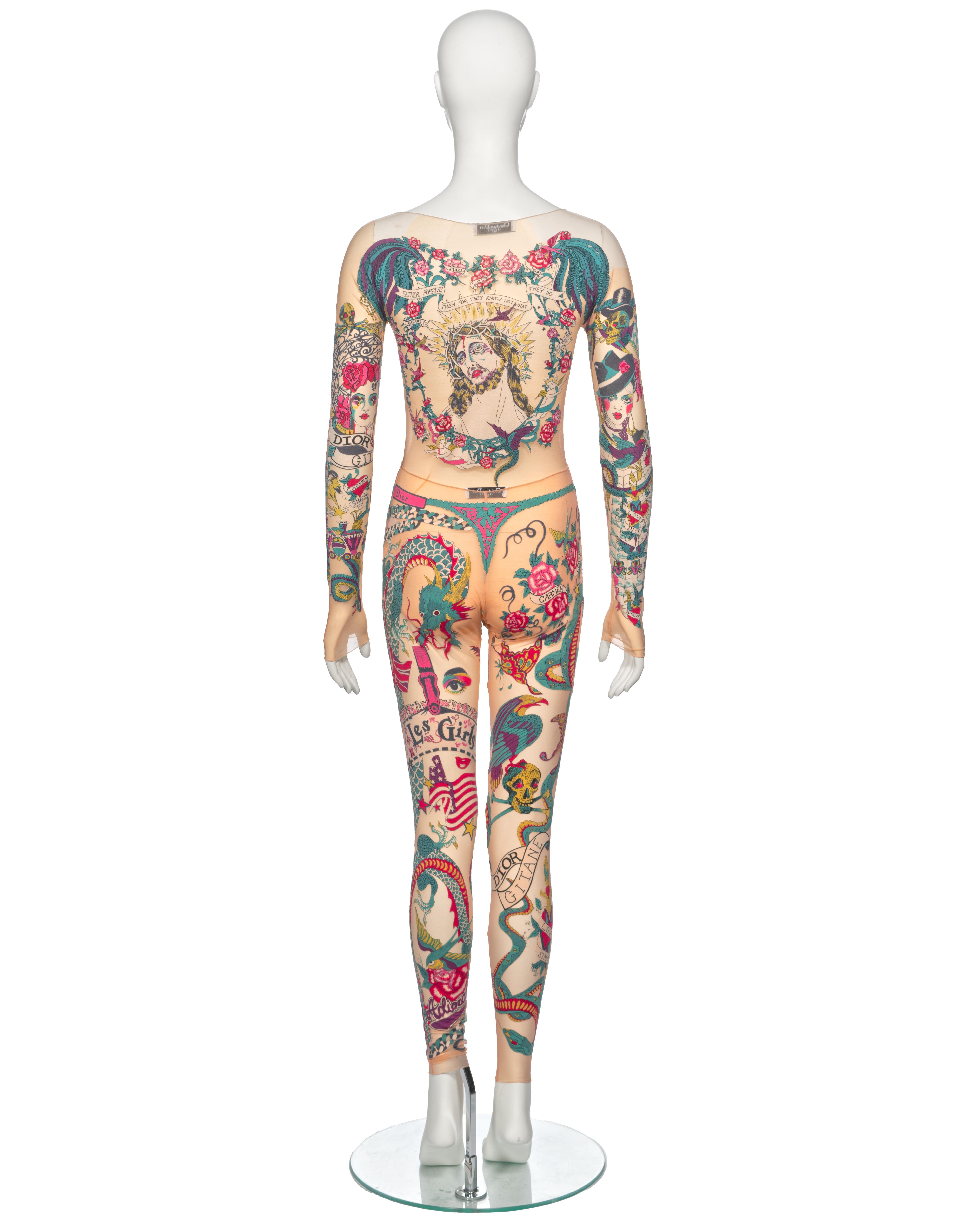 Christian Dior by John Galliano Tattoo Print Body, Leggings and Skirt, ss 2004 For Sale 15