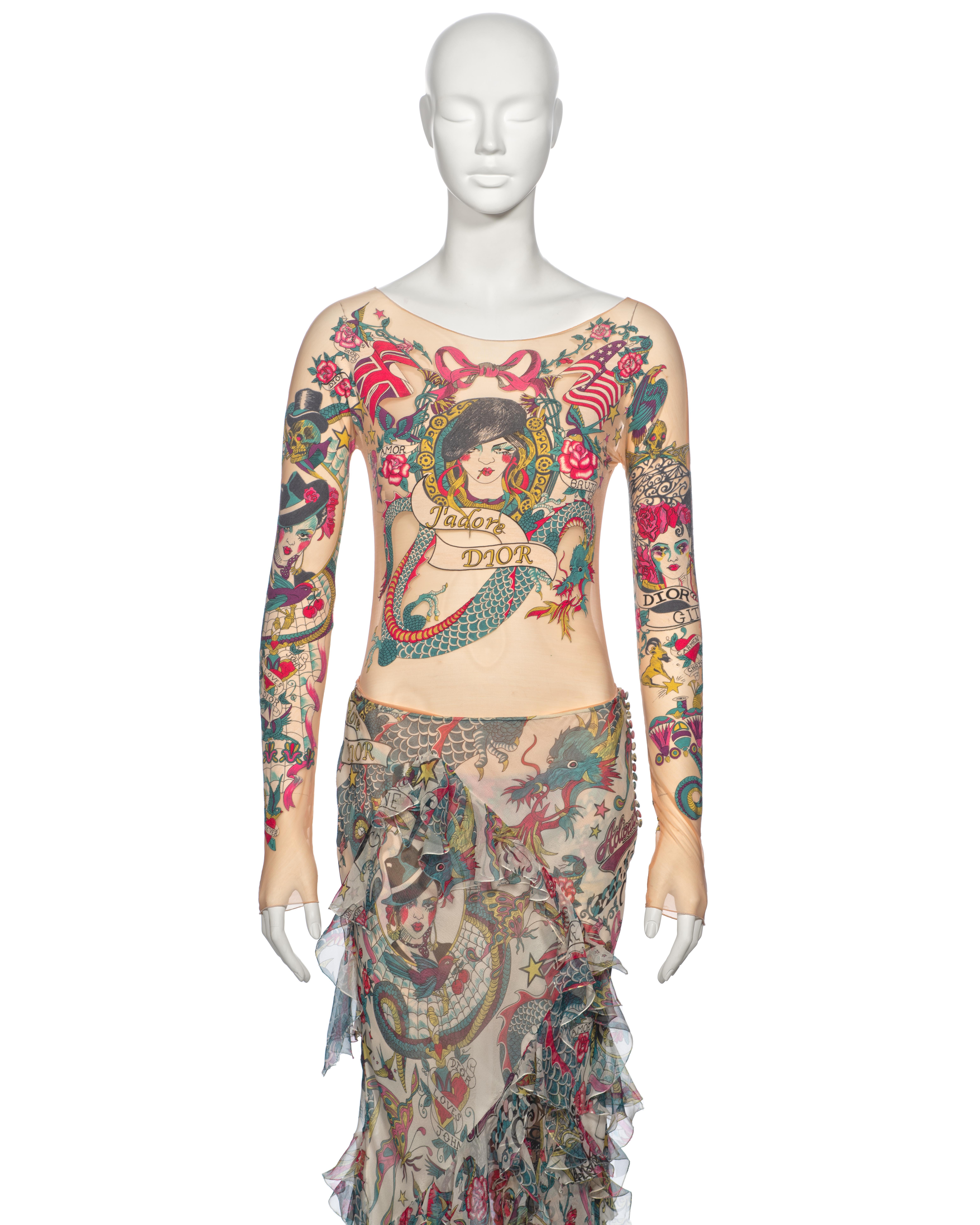Christian Dior by John Galliano Tattoo Print Body, Leggings and Skirt, ss 2004 In Excellent Condition For Sale In London, GB