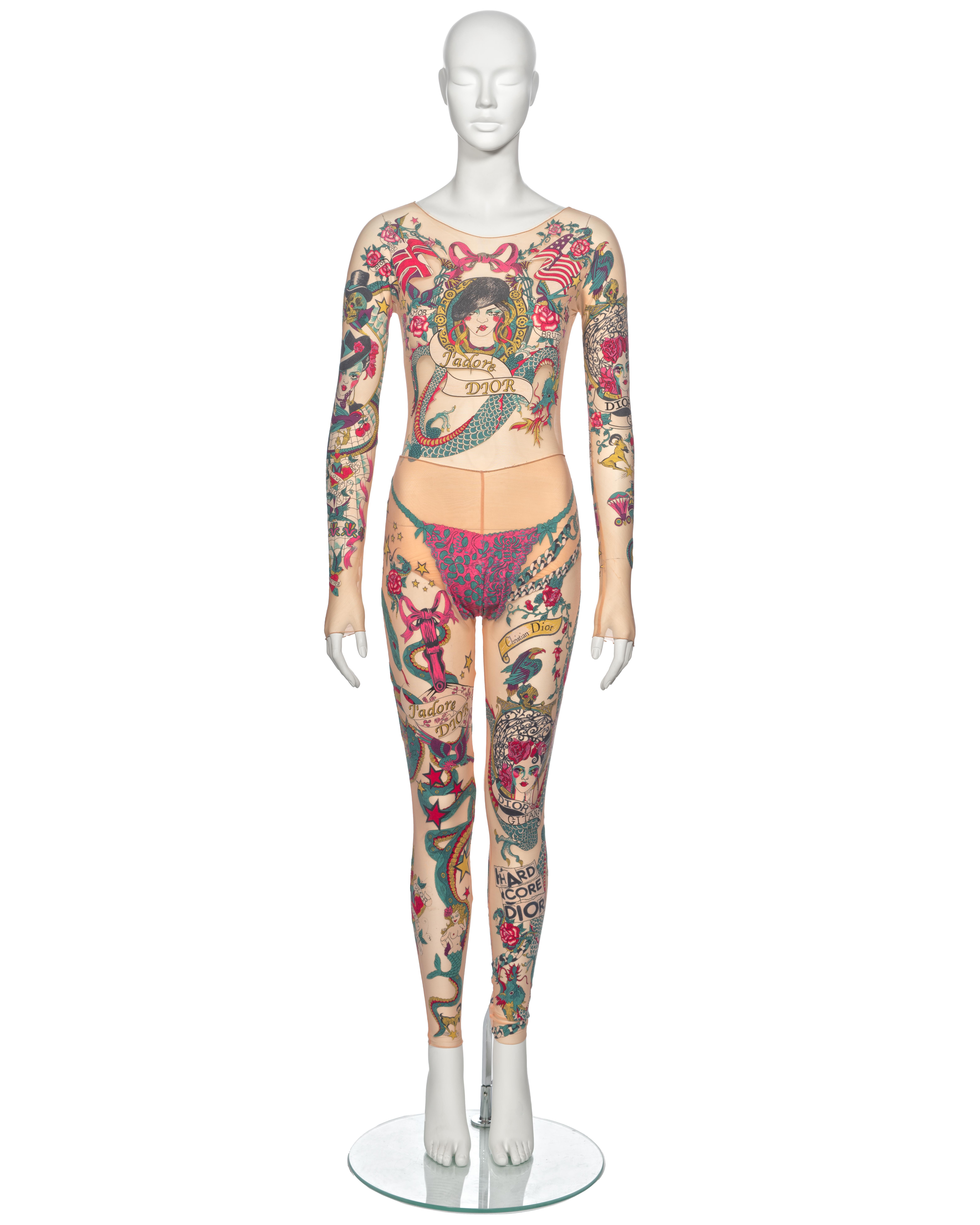 Women's Christian Dior by John Galliano Tattoo Print Body, Leggings and Skirt, ss 2004 For Sale