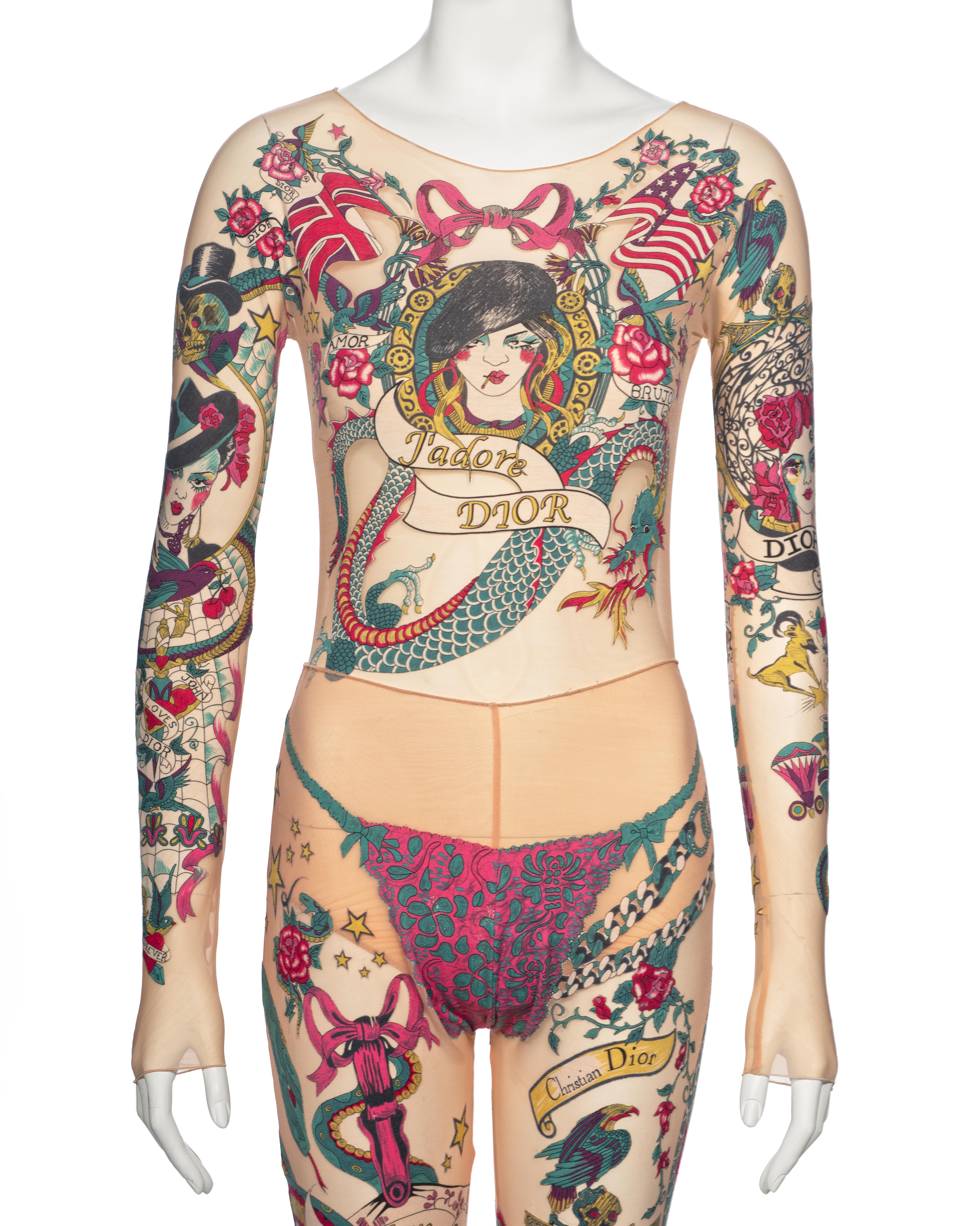 Christian Dior by John Galliano Tattoo Print Body, Leggings and Skirt, ss 2004 For Sale 1