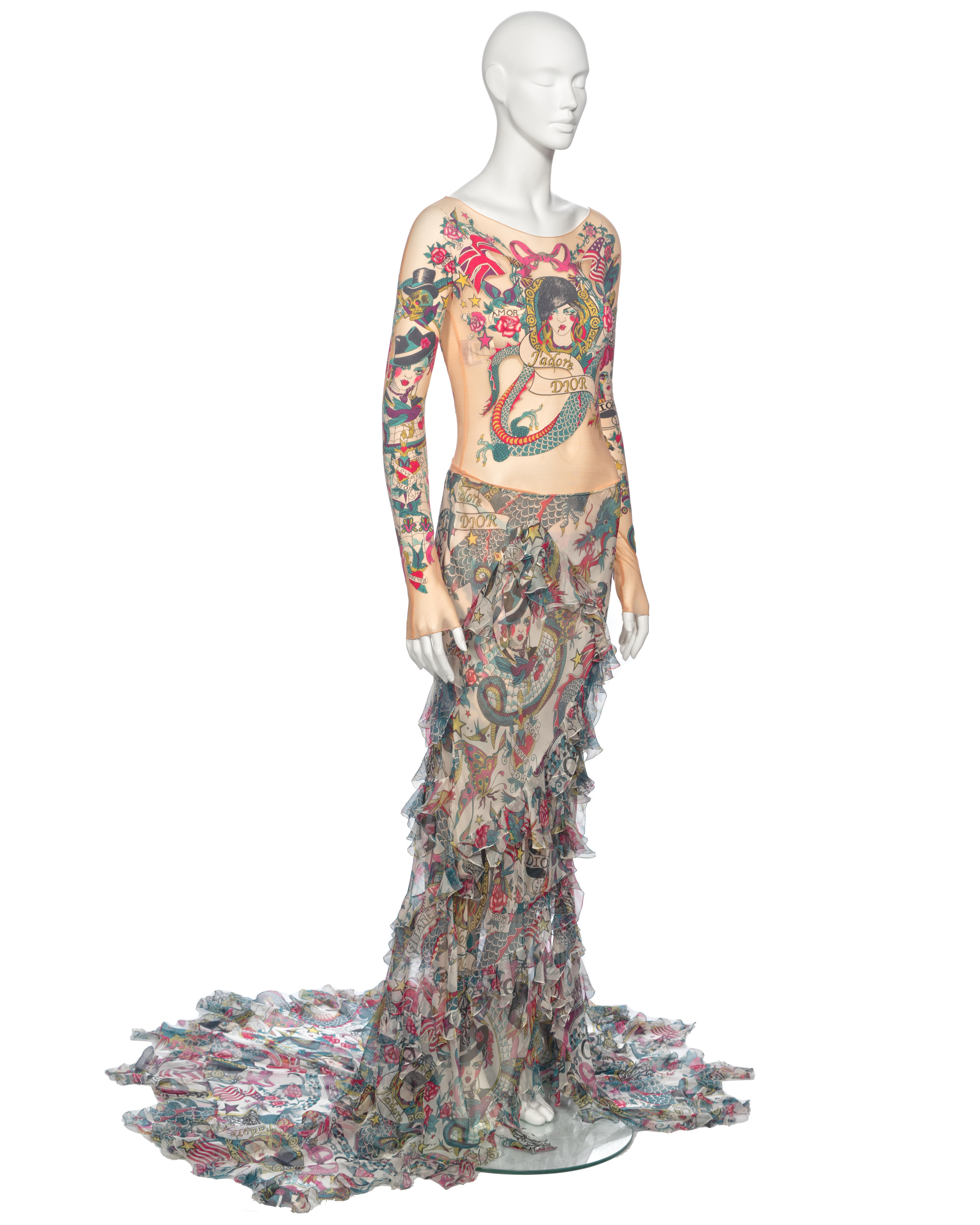 Christian Dior by John Galliano Tattoo Print Body, Leggings and Skirt, ss 2004 For Sale 3