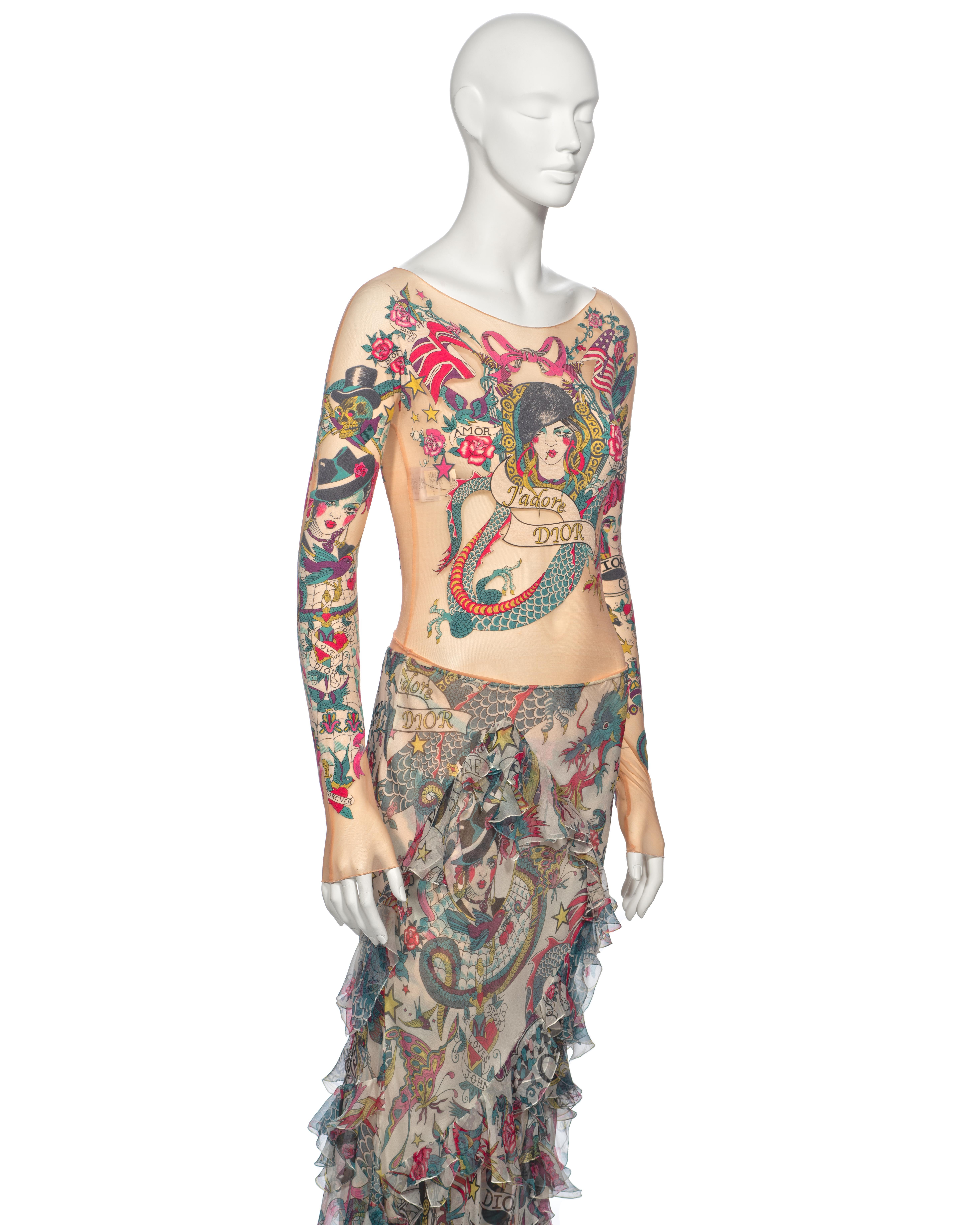 Christian Dior by John Galliano Body, mallas y falda con estampado de tatuaje, ss 2004 en venta 3