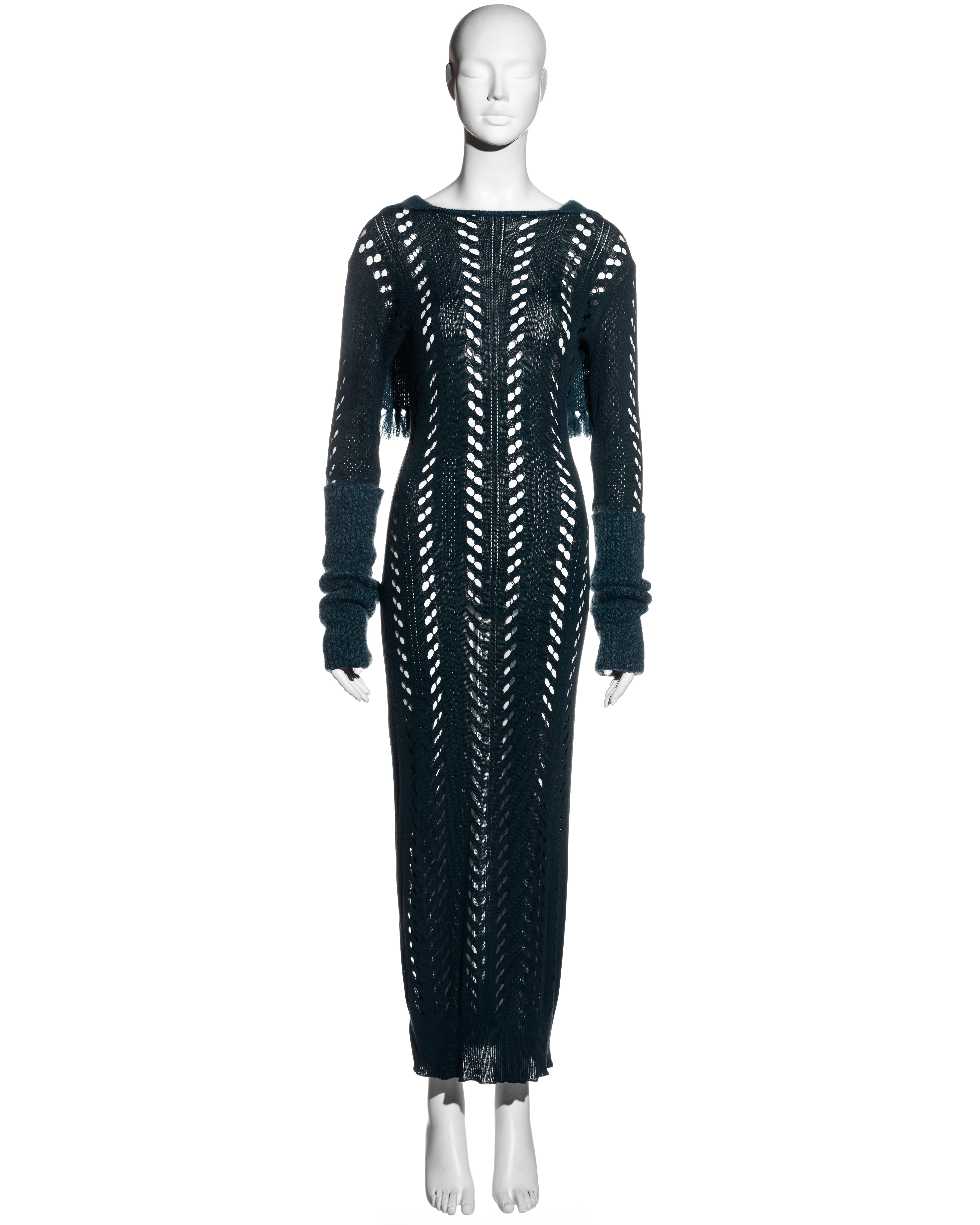 ▪ Christian Dior teal laser-cut knitted maxi dress
▪ Designed by John Galliano
▪ Mohair sailor collar with tassels 
▪ Long mohair turn-up cuffs
▪ Sold with matching Dior slip dress
▪ FR 42 - UK 14 - US 10
▪ 70% Cotton, 20% Mohair, 10% Nylon
▪
