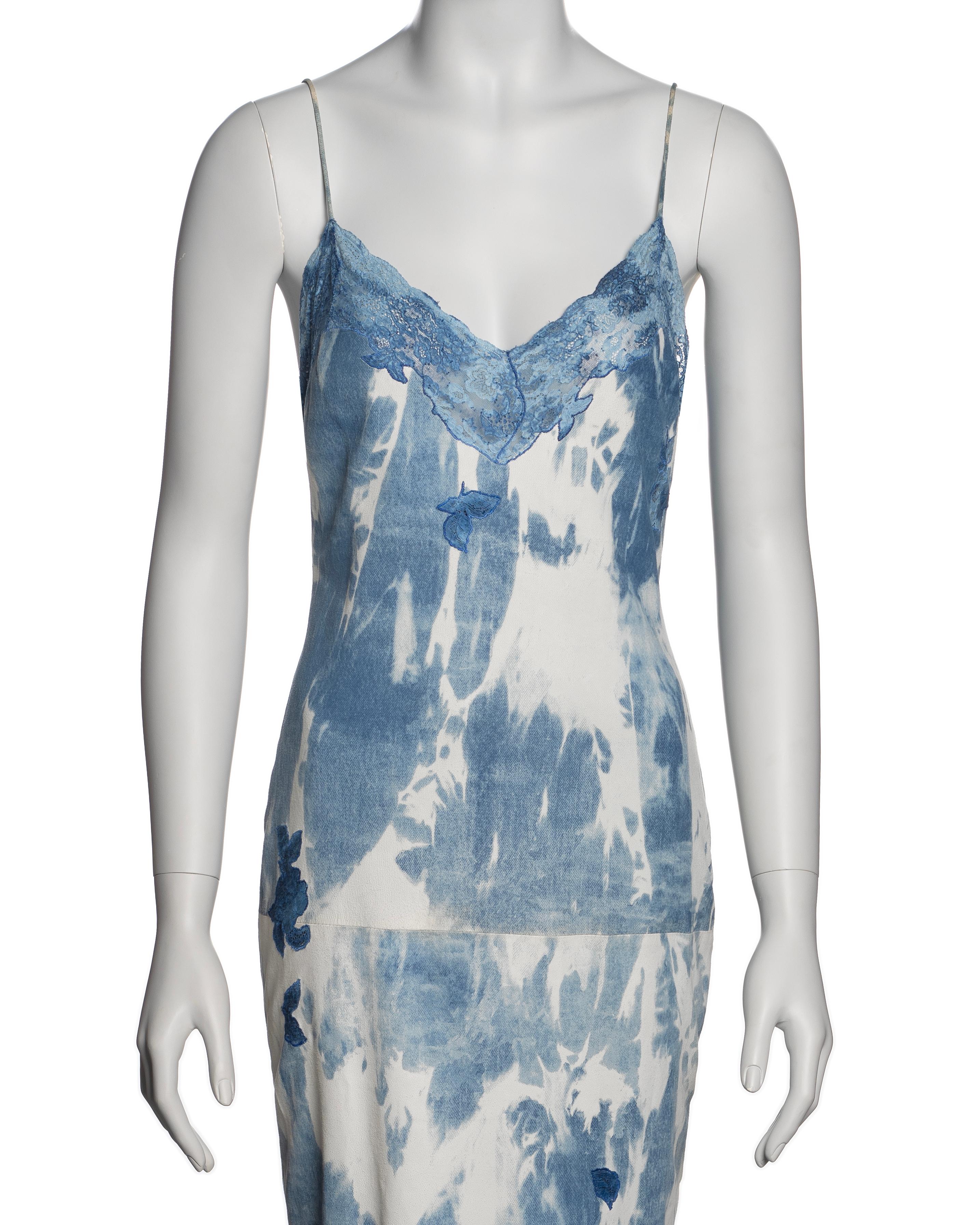 Blue Christian Dior by John Galliano Tie-Dye Print Leather and Lace Dress, FW 2000 For Sale