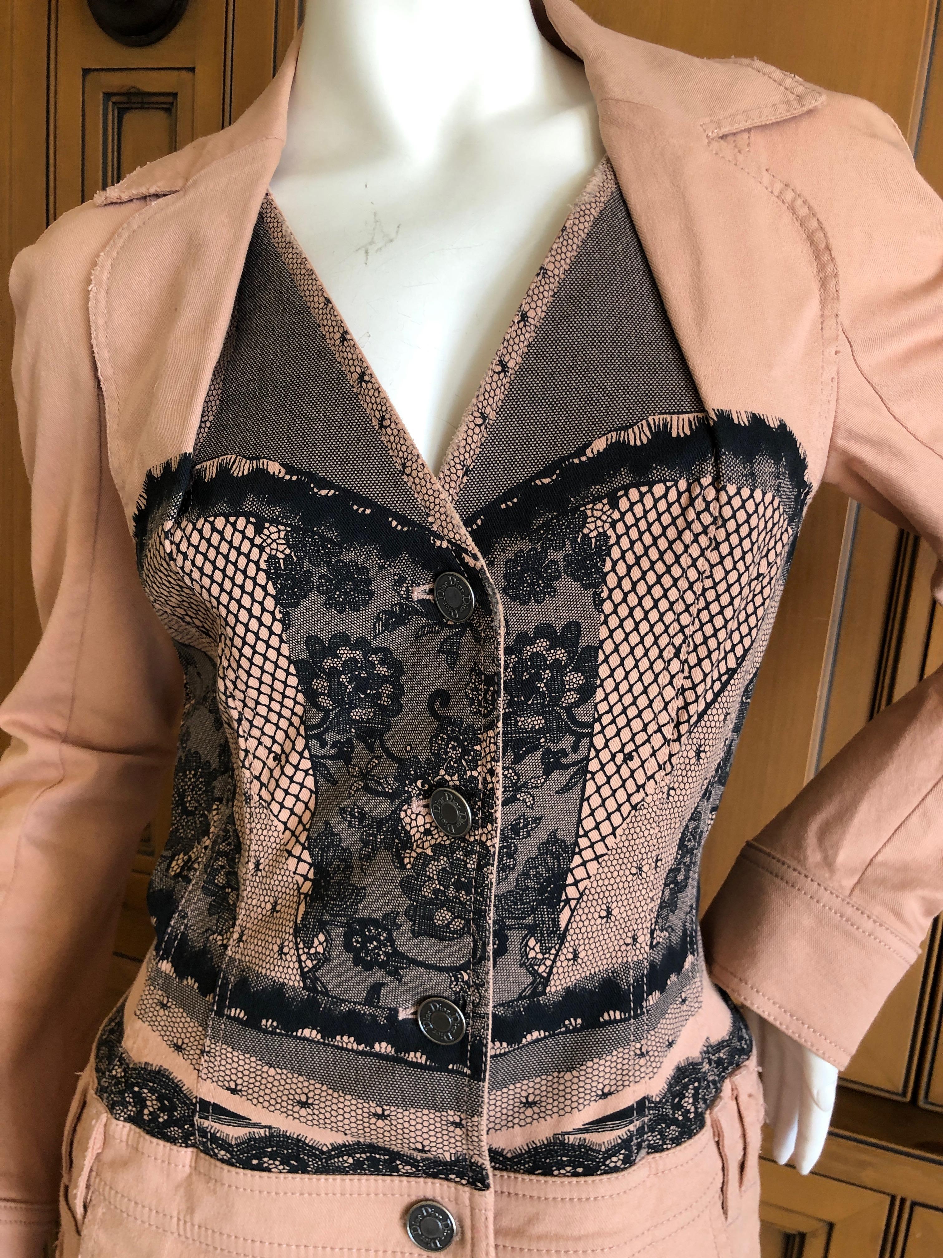 Christian Dior by John Galliano Tromp l'oeil Lace Accented Cotton Bar Coat.
Cotton denim with tromp l'oeil (faux) lace accents
 Size 38
Bust 36