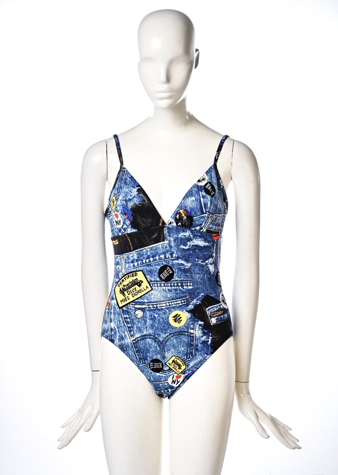 From the unmissable early 2000 John Galliano for Christian Dior collections, this “trompe l’oeil” denim and patches one-piece swimsuit will definitely provoke a head-spinning effect ! Labelled French 44 (US 12), this piece runs small to size. 

Fits
