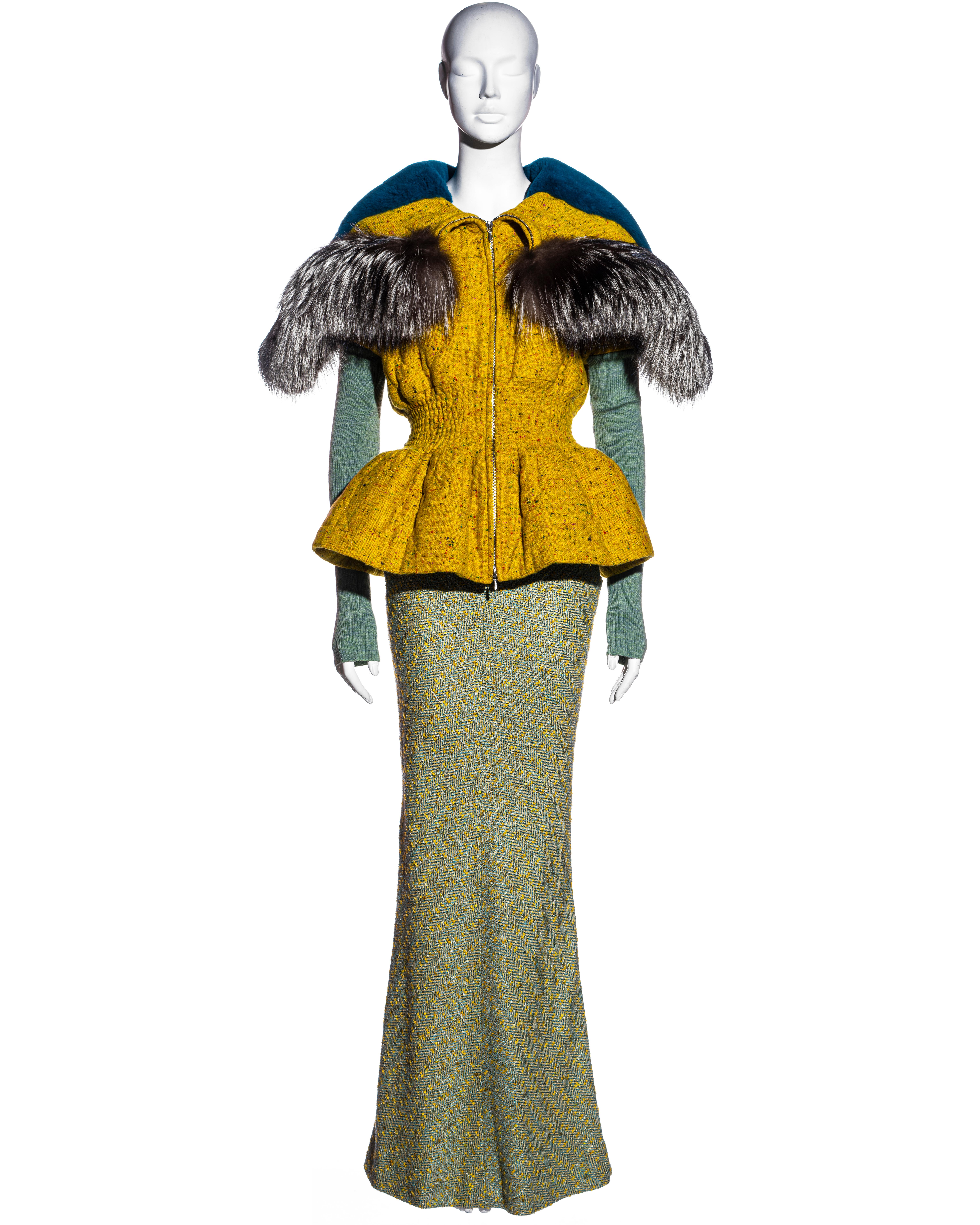 ▪ Christian Dior jacket and skirt runway ensemble 
▪ Designed by John Galliano 
▪ Yellow Donegal tweed parka style jacket with Cannage quilt 
▪ Nipped-in waist
▪ Large hood trimmed in grey fox and lined with blue beaver 
▪ Detachable rib-knit