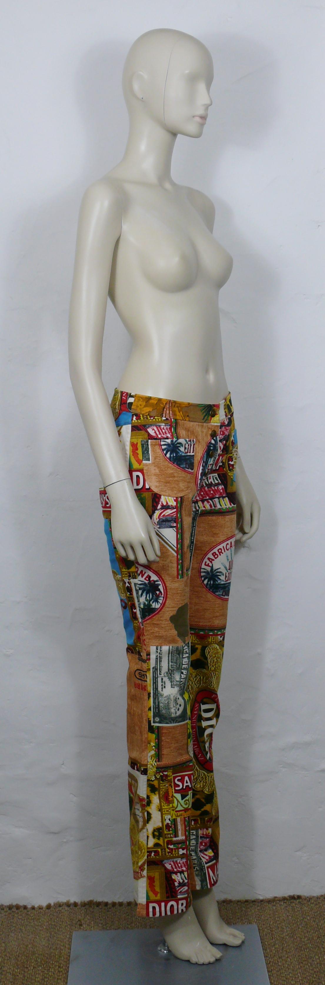 CHRISTIAN DIOR by JOHN GALLIANO vintage denim pants featuring Cuban/Latino inspired prints all over.

CHRISTIAN DIOR Spring/Summer 2002 Collection.

One snap button closure.
Faux buttons.
Hidden zippered closure.
Two patch pockets at the