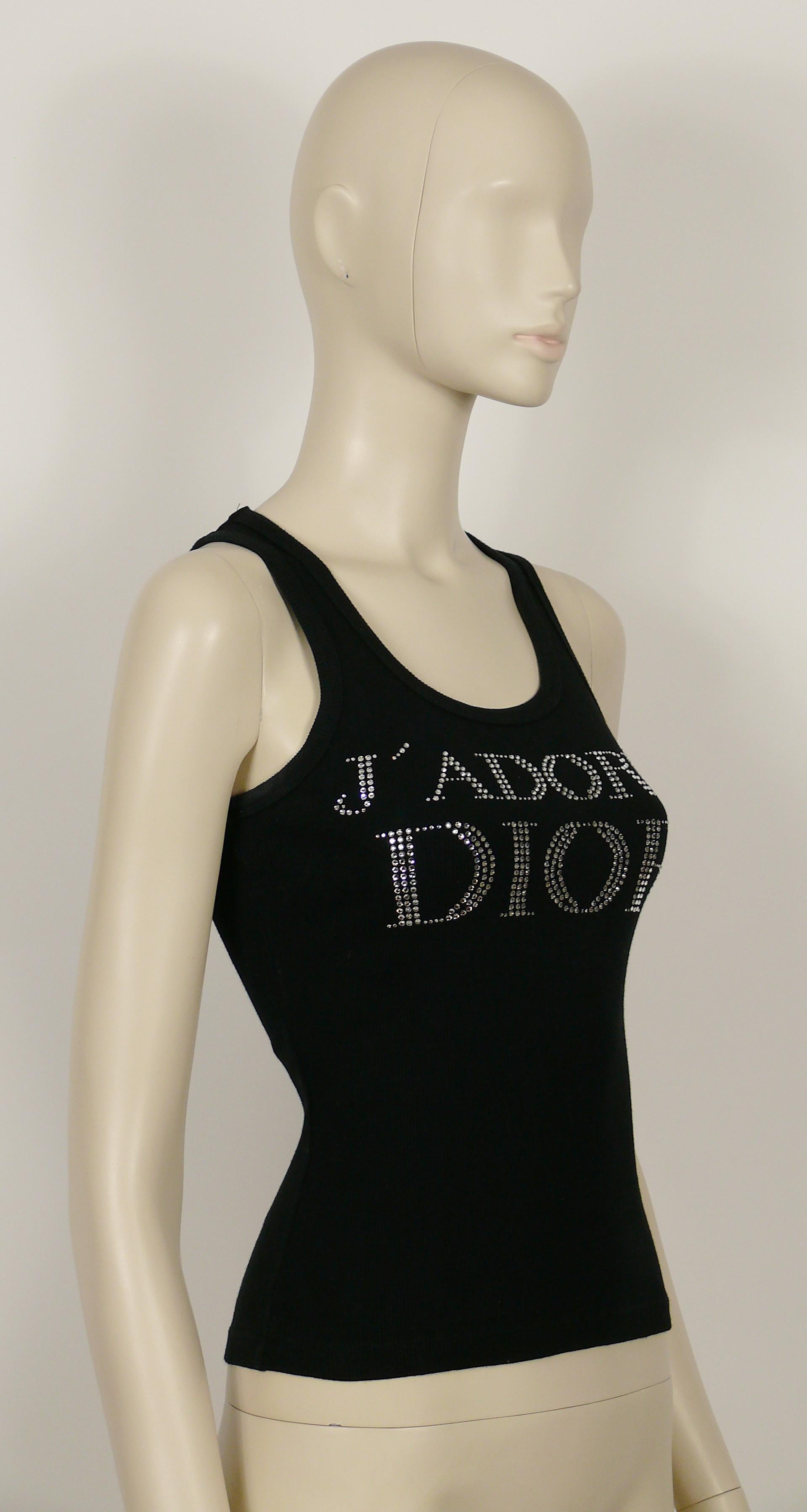 CHRISTIAN DIOR by JOHN GALLIANO vintage black tank top embellished with clear crystals J'ADORE DIOR at front and 1947 at back.

Label reads CHRISTIAN DIOR BOUTIQUE Paris.
Made in France.

Size tag reads : F 36 / GB 8 / D 34 / USA 4.
Please refer to