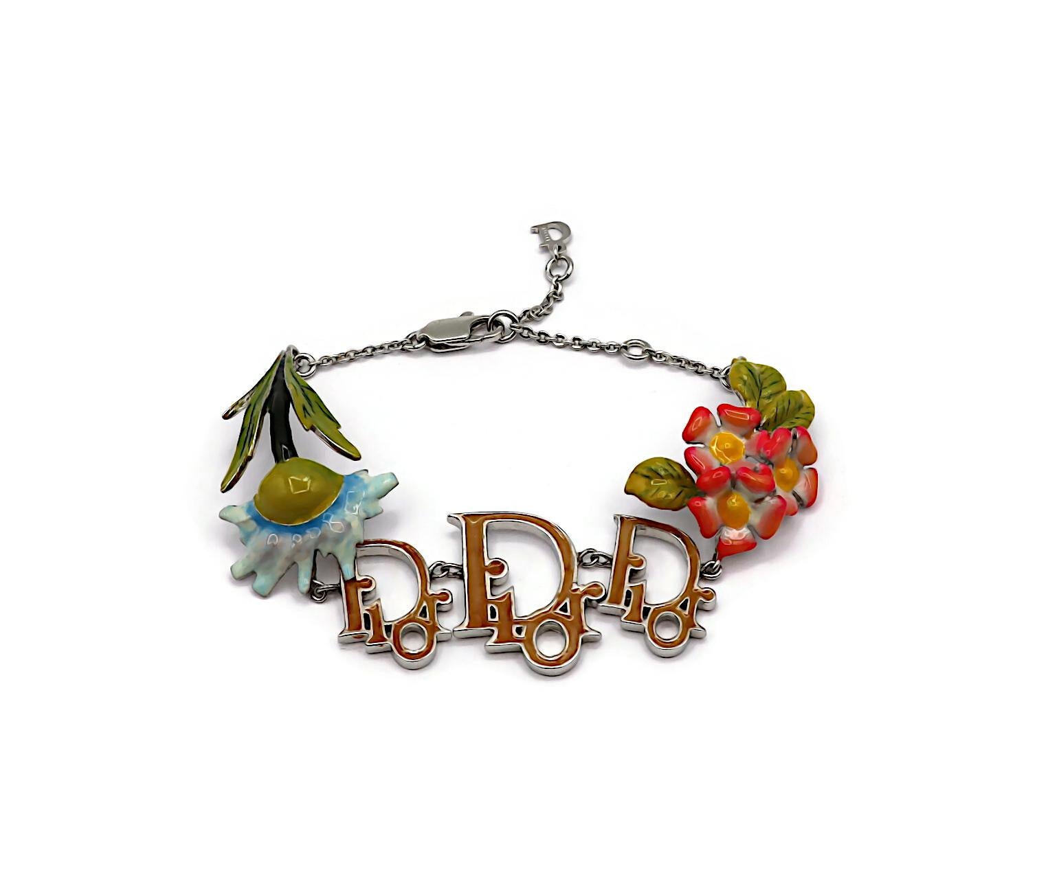CHRISTIAN DIOR by JOHN GALLIANO Vintage Enamel Floral Logo Bracelet In Excellent Condition For Sale In Nice, FR