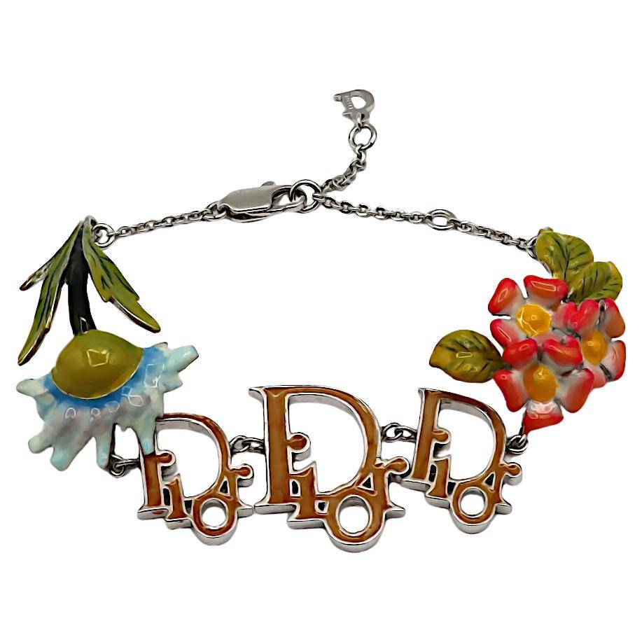 CHRISTIAN DIOR by JOHN GALLIANO Vintage Enamel Floral Logo Bracelet For Sale