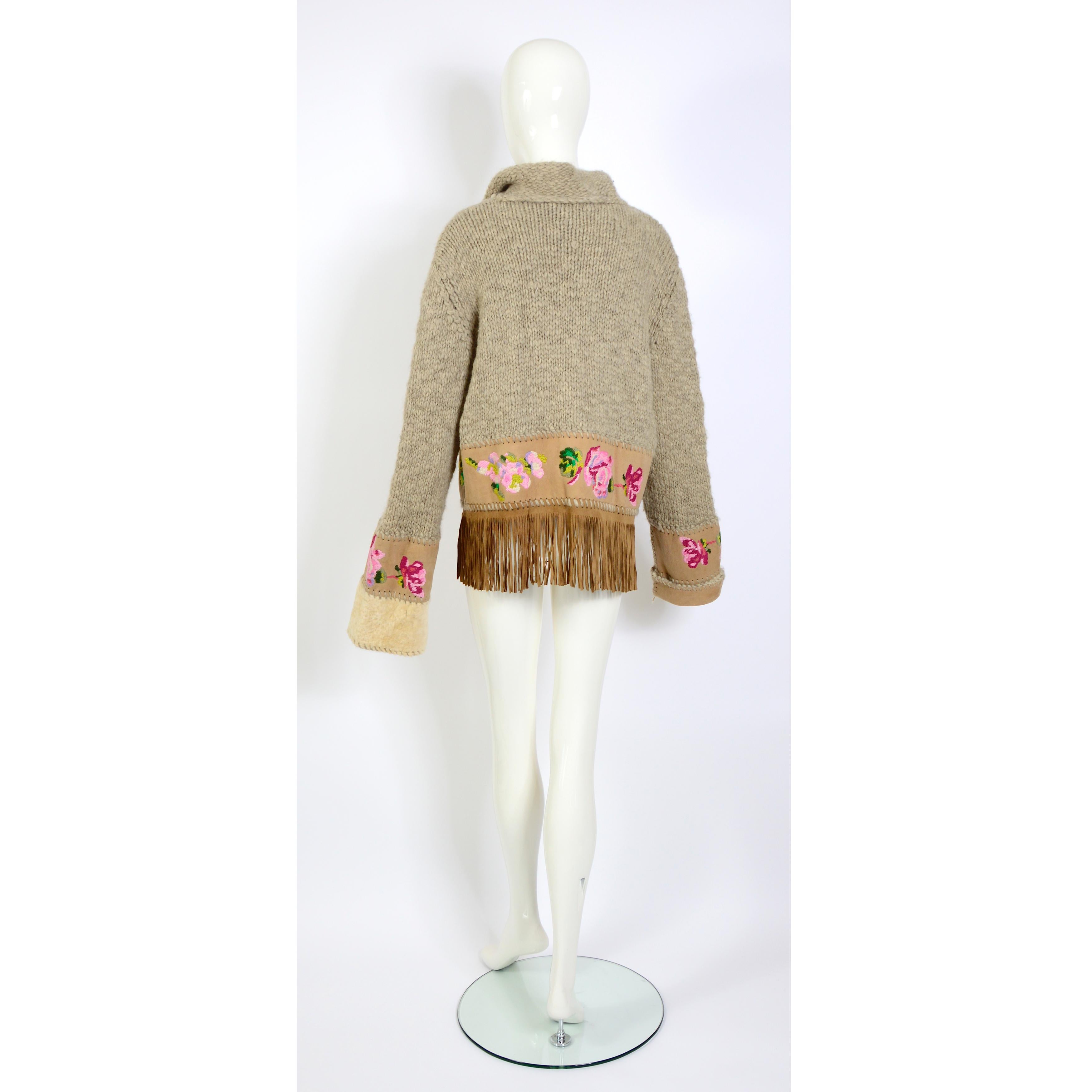 Beige Christian Dior by John Galliano vintage fall 2000 embroidered fringed cardigan   For Sale