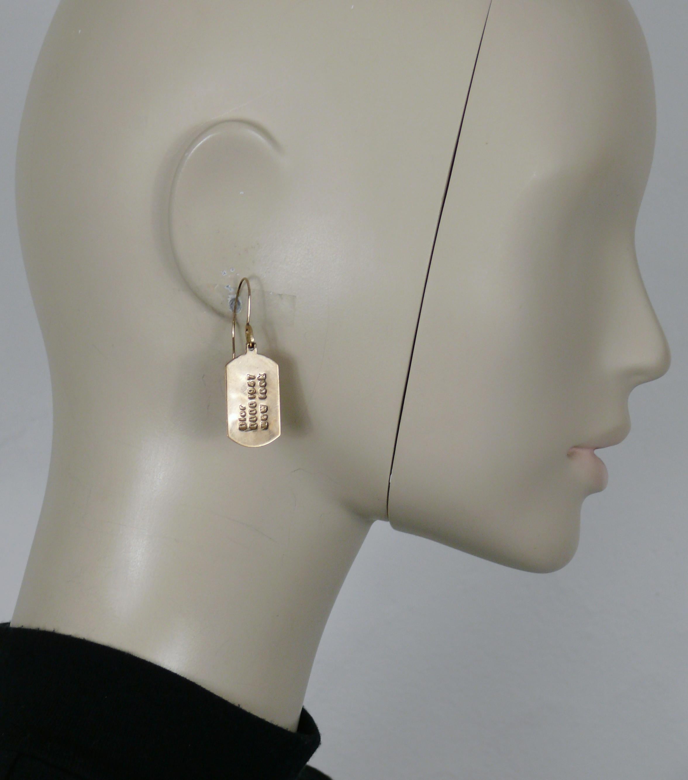 CHRISTIAN DIOR by JOHN GALLIANO vintage gold tone stud dangle earrings featuring a rectangular ID tag embossed 