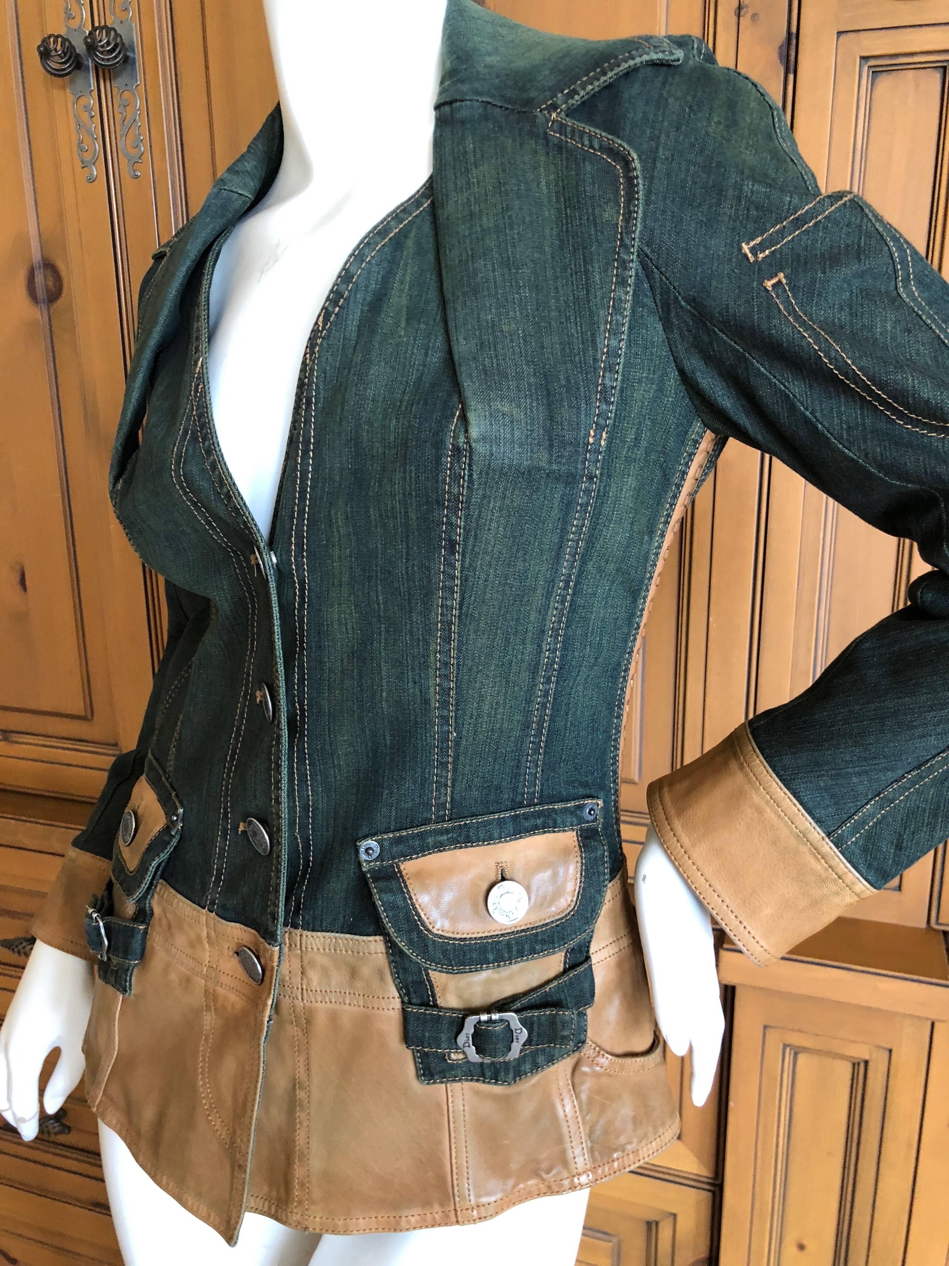 Christian Dior by John Galliano Vintage Leather Embellished Denim Bar Jacket In Excellent Condition For Sale In Cloverdale, CA