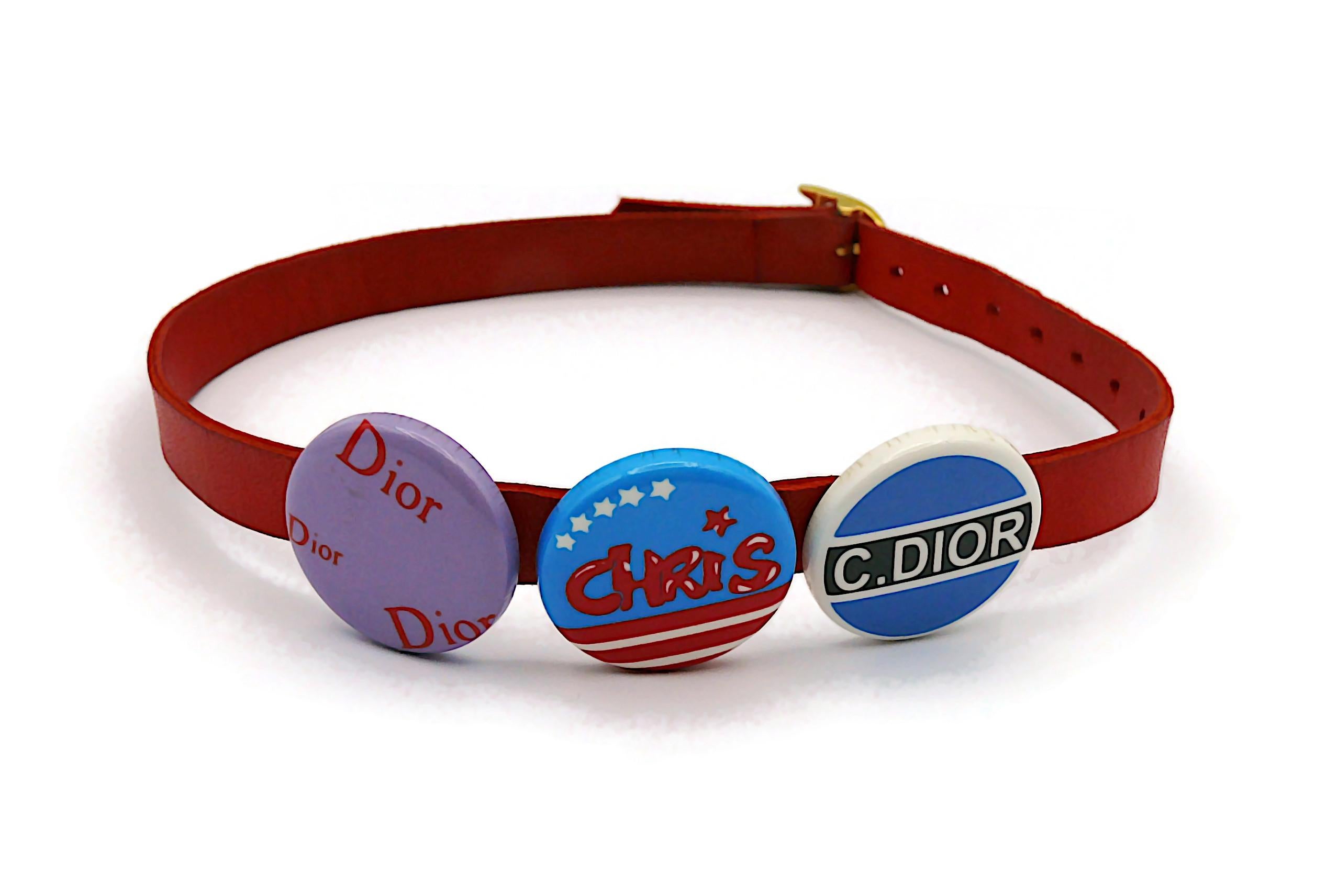 CHRISTIAN DIOR by JOHN GALLIANO Vintage Red Leather & Badges Choker Necklace In Good Condition For Sale In Nice, FR