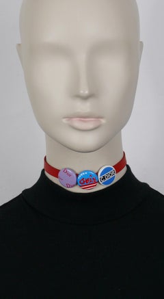 CHRISTIAN DIOR by JOHN GALLIANO Vintage Red Leather & Badges Choker Necklace