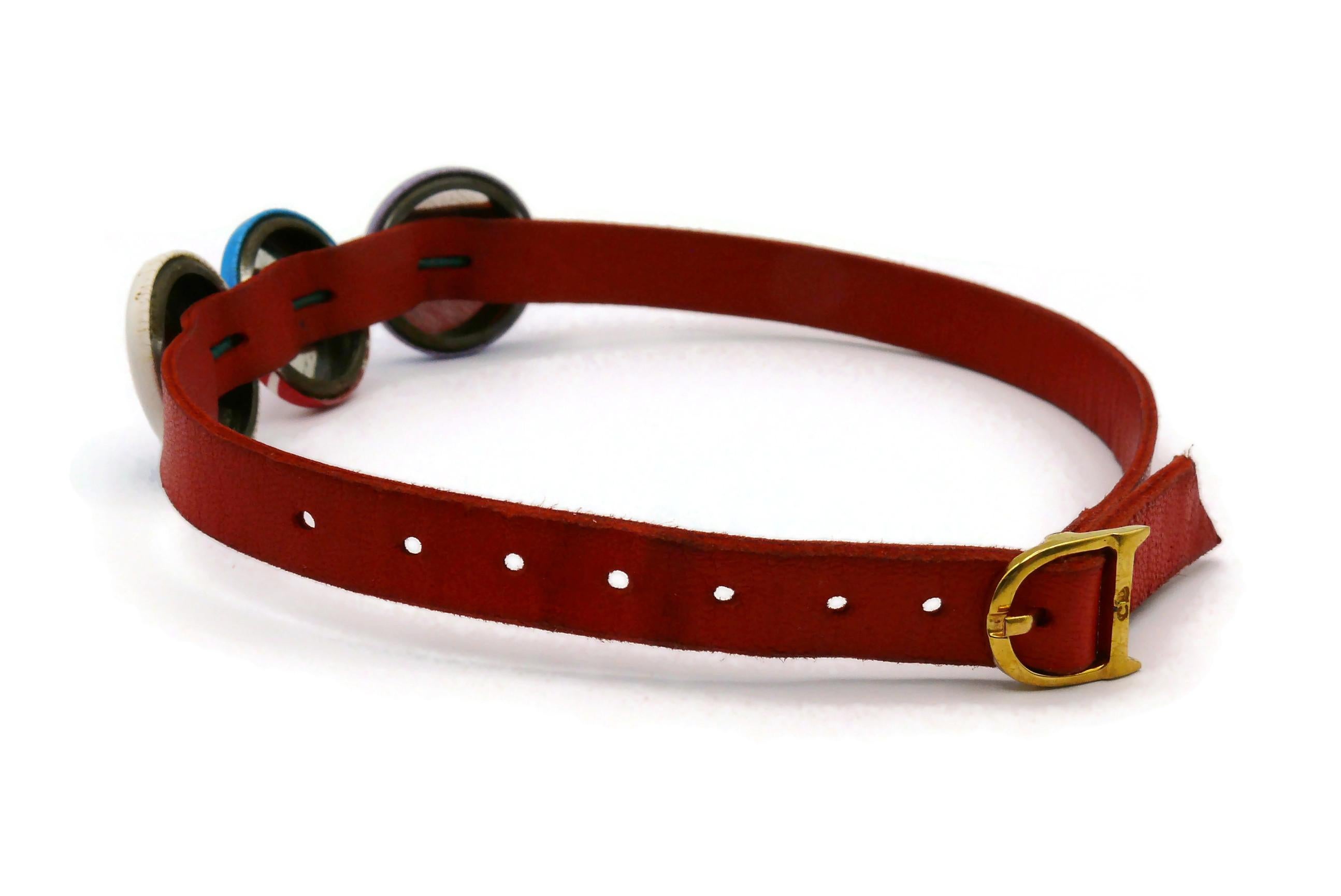 CHRISTIAN DIOR by JOHN GALLIANO Vintage Red Leather & Badges Choker Necklace For Sale 1