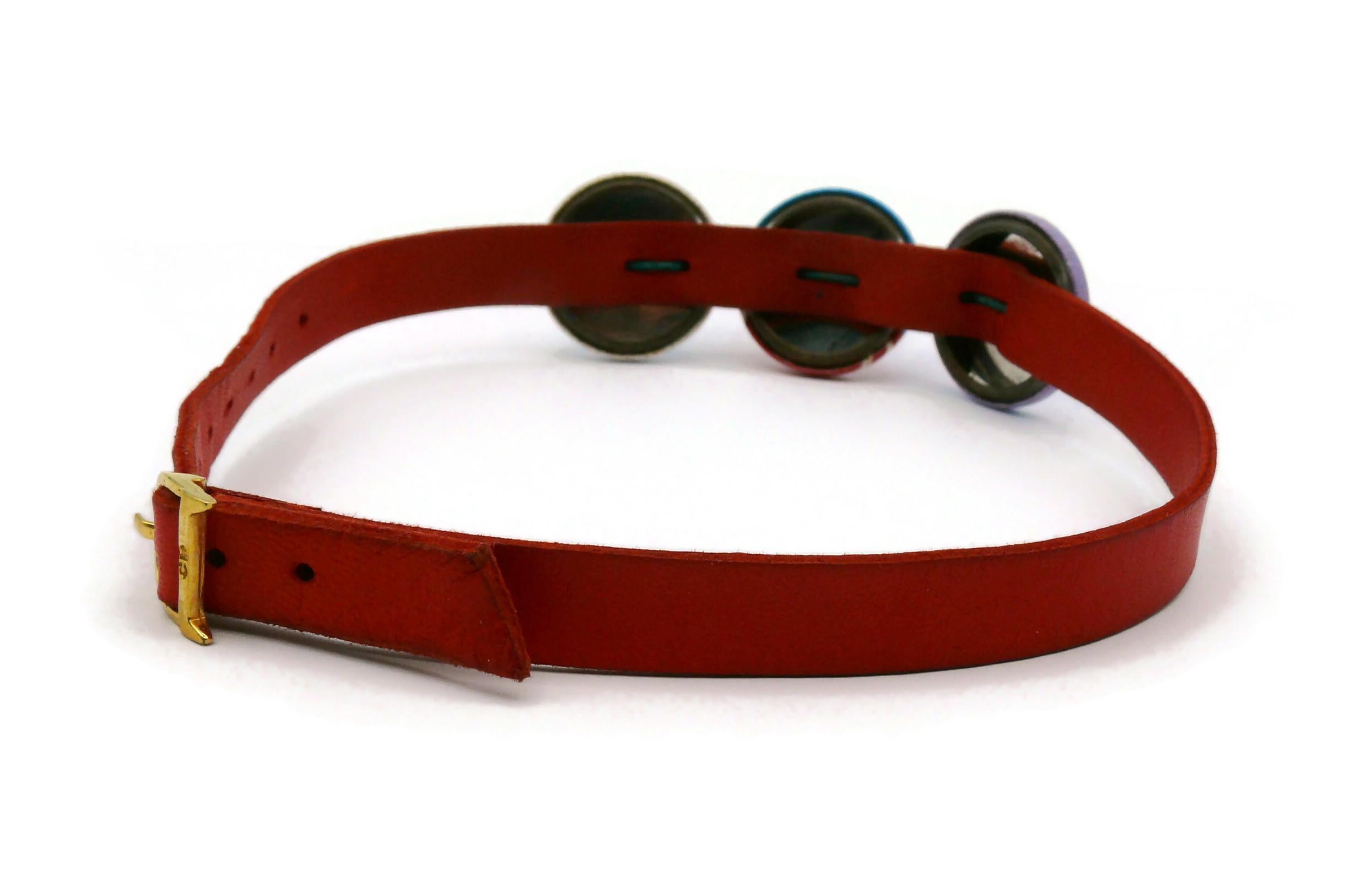 CHRISTIAN DIOR by JOHN GALLIANO Vintage Red Leather & Badges Choker Necklace For Sale 2