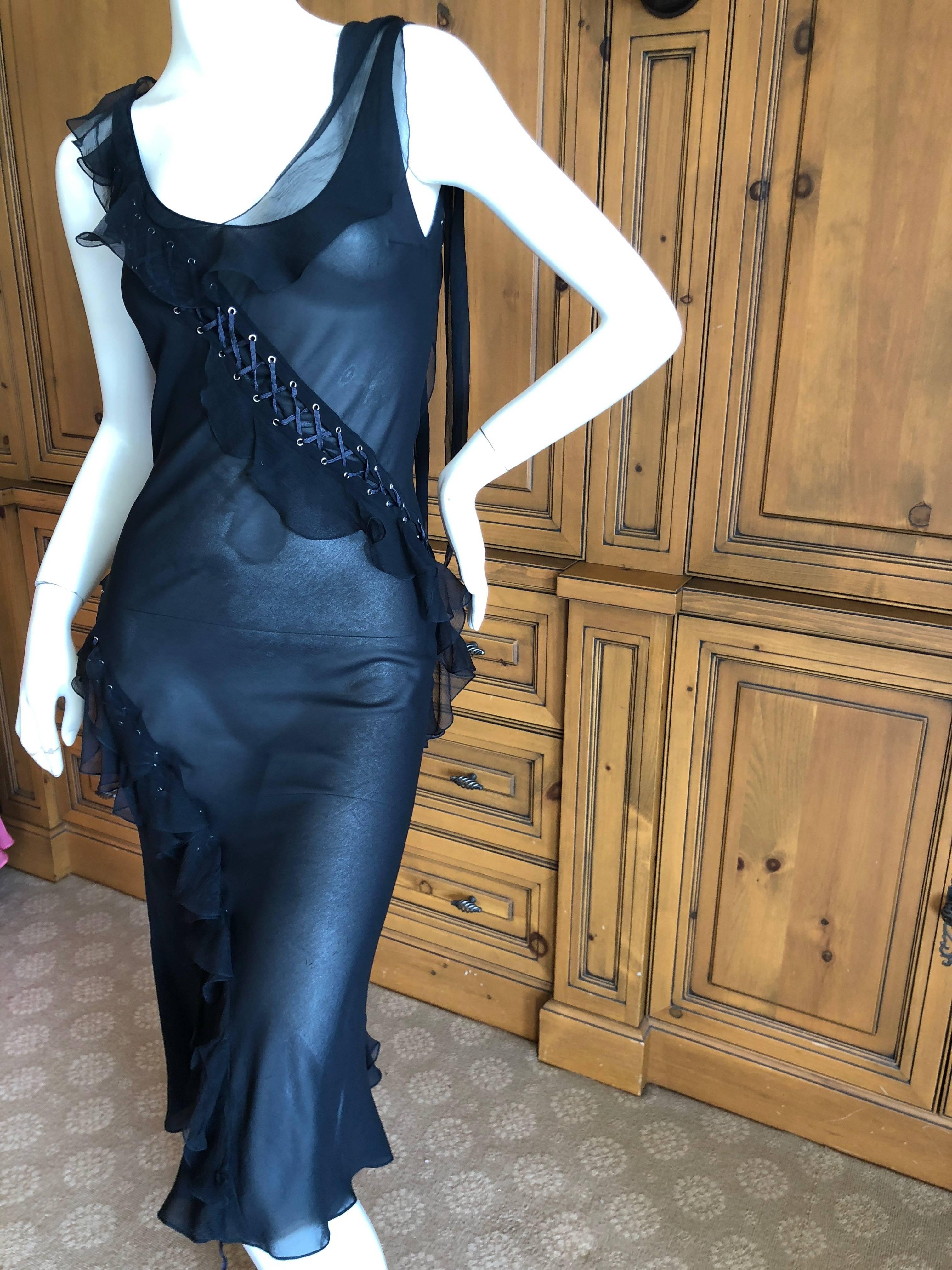 Christian Dior by John Galliano Vintage Sheer Black Dress Corset Lace Up Details In Excellent Condition In Cloverdale, CA