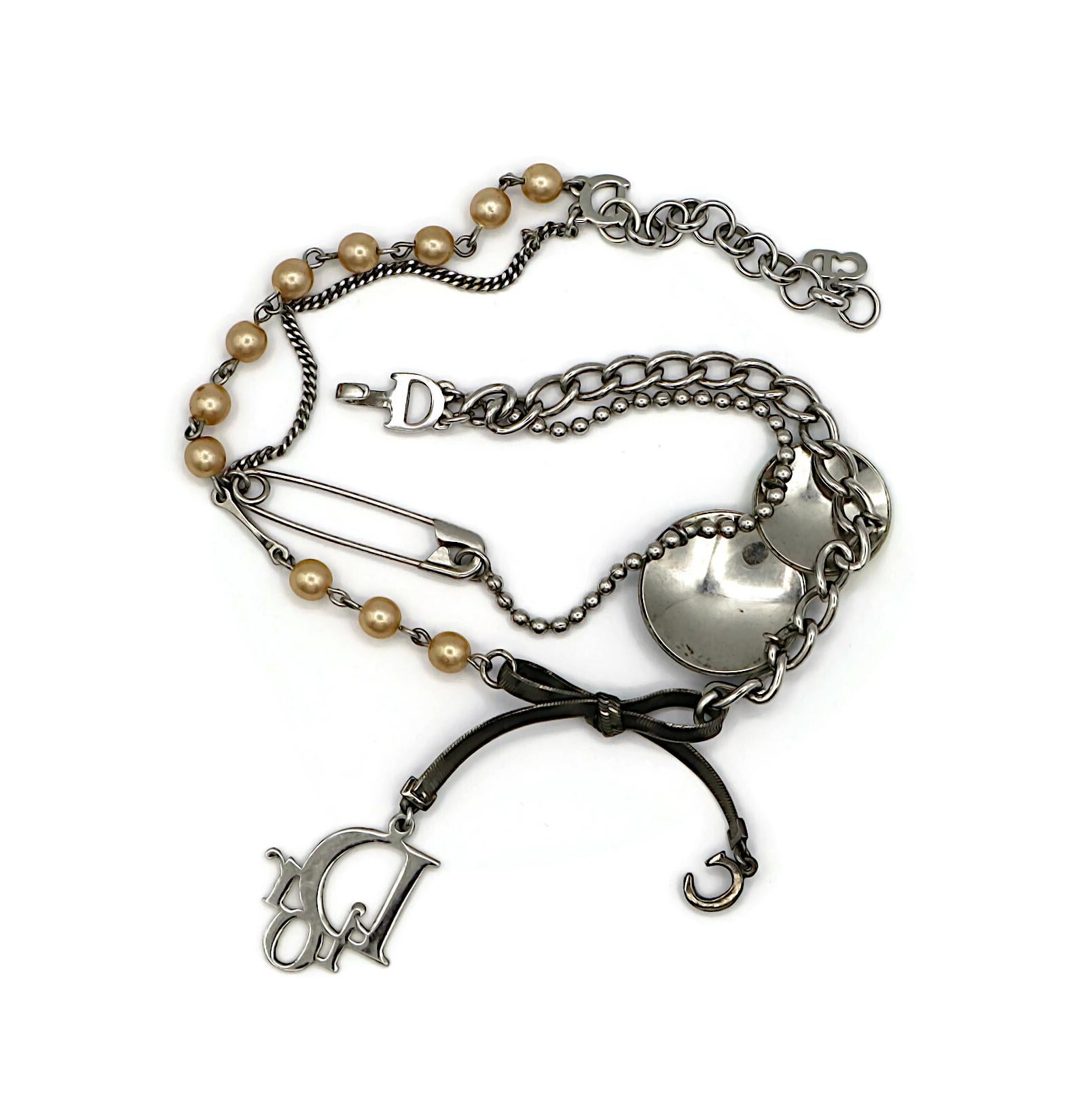 CHRISTIAN DIOR by JOHN GALLIANO Vintage Skull Safety Pin Logo Charm Necklace For Sale 6