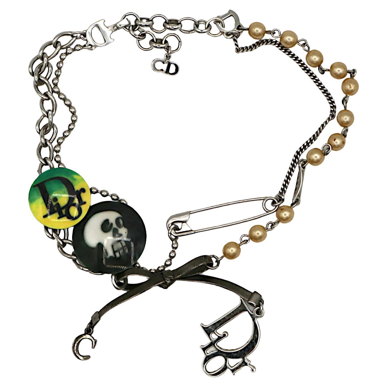 CHRISTIAN DIOR by JOHN GALLIANO Vintage Skull Safety Pin Logo Charm Necklace For Sale