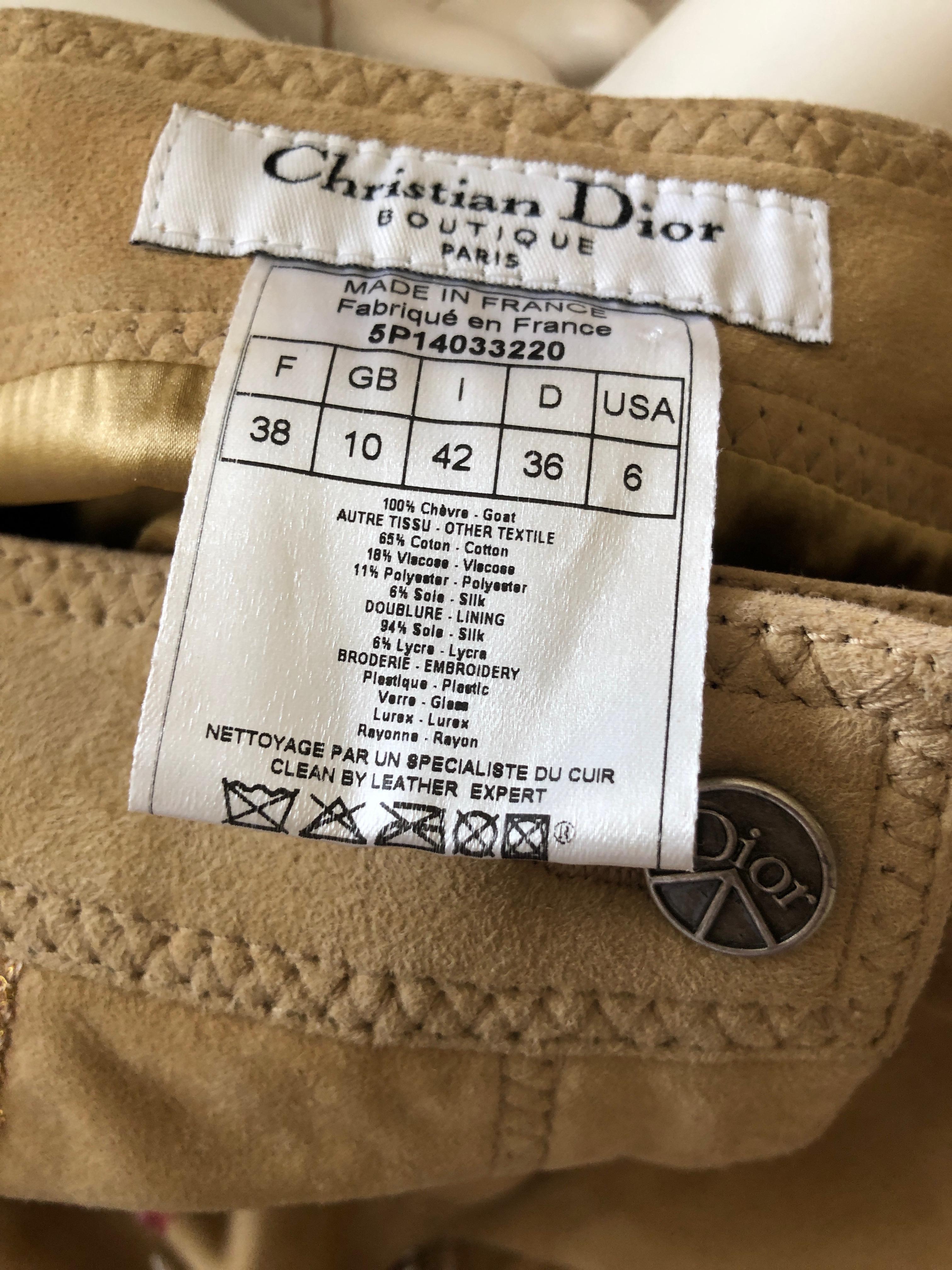 Christian Dior by John Galliano Vintage Embellished Tan Suede Skirt 
 So much prettier in person. Please use zoom feature to see details.
 Sz 38
 Waist 28