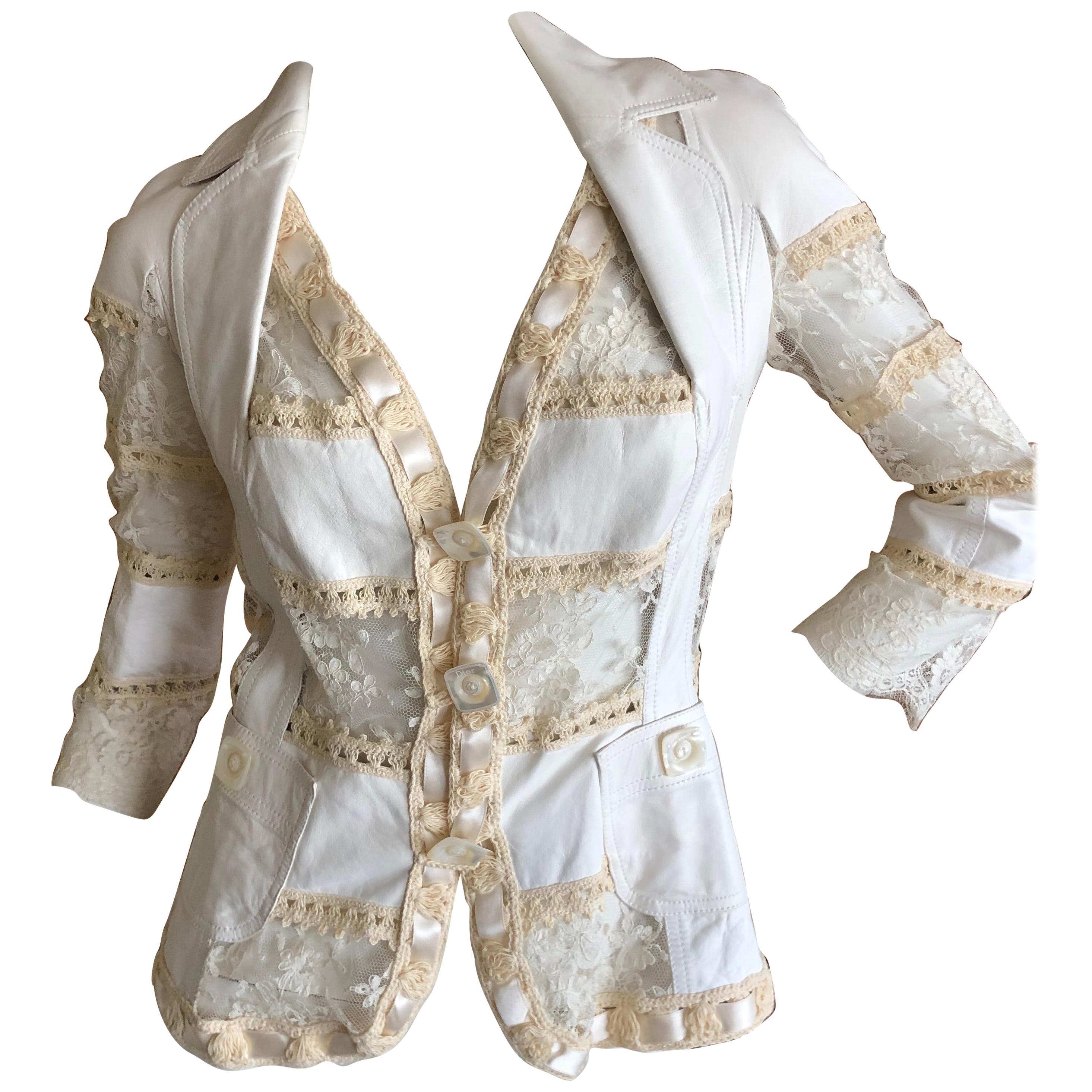 Christian Dior by John Galliano  White Leather & Lace "Bar" Jacket For Sale