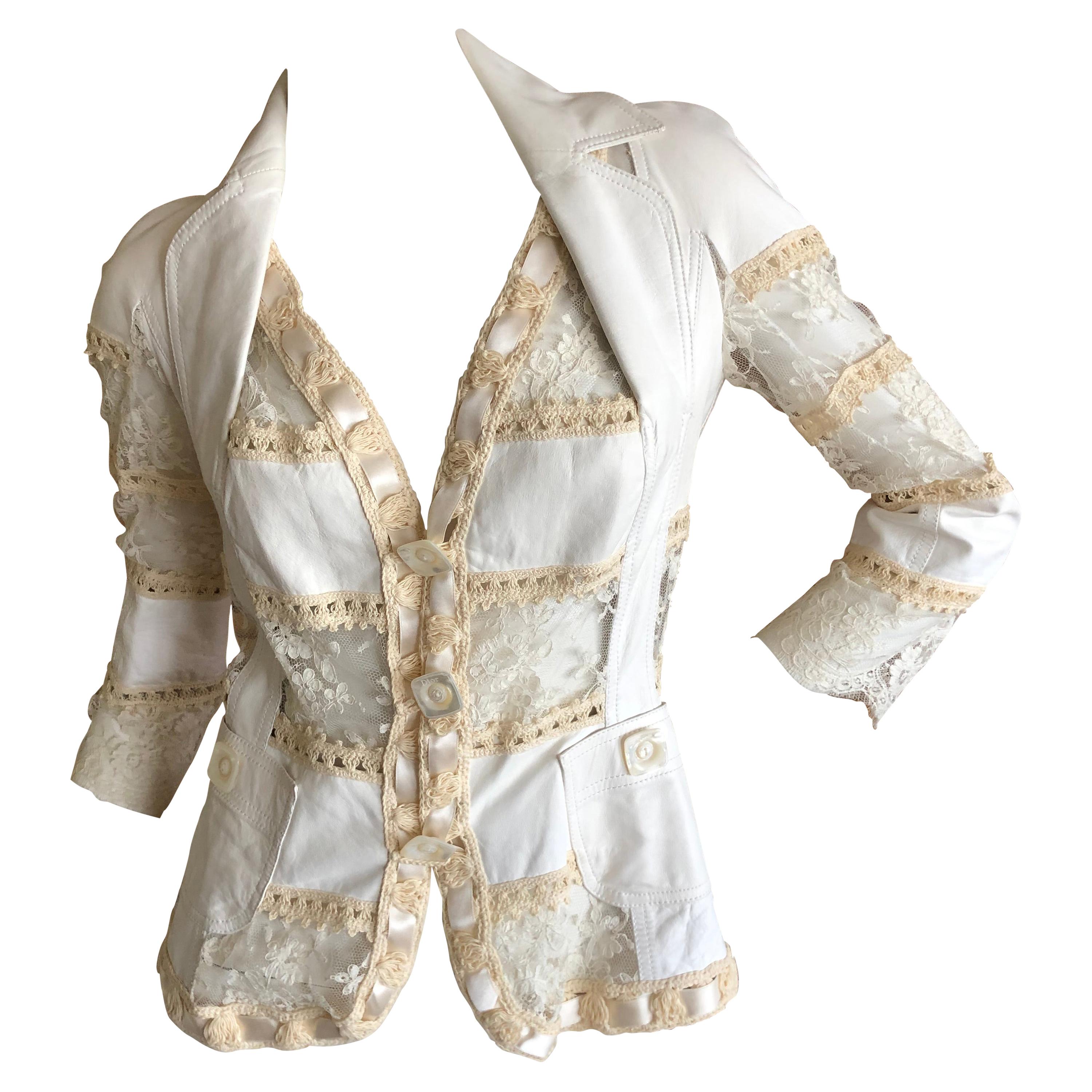 Christian Dior by John Galliano  White Leather & Lace "Bar" Jacket For Sale