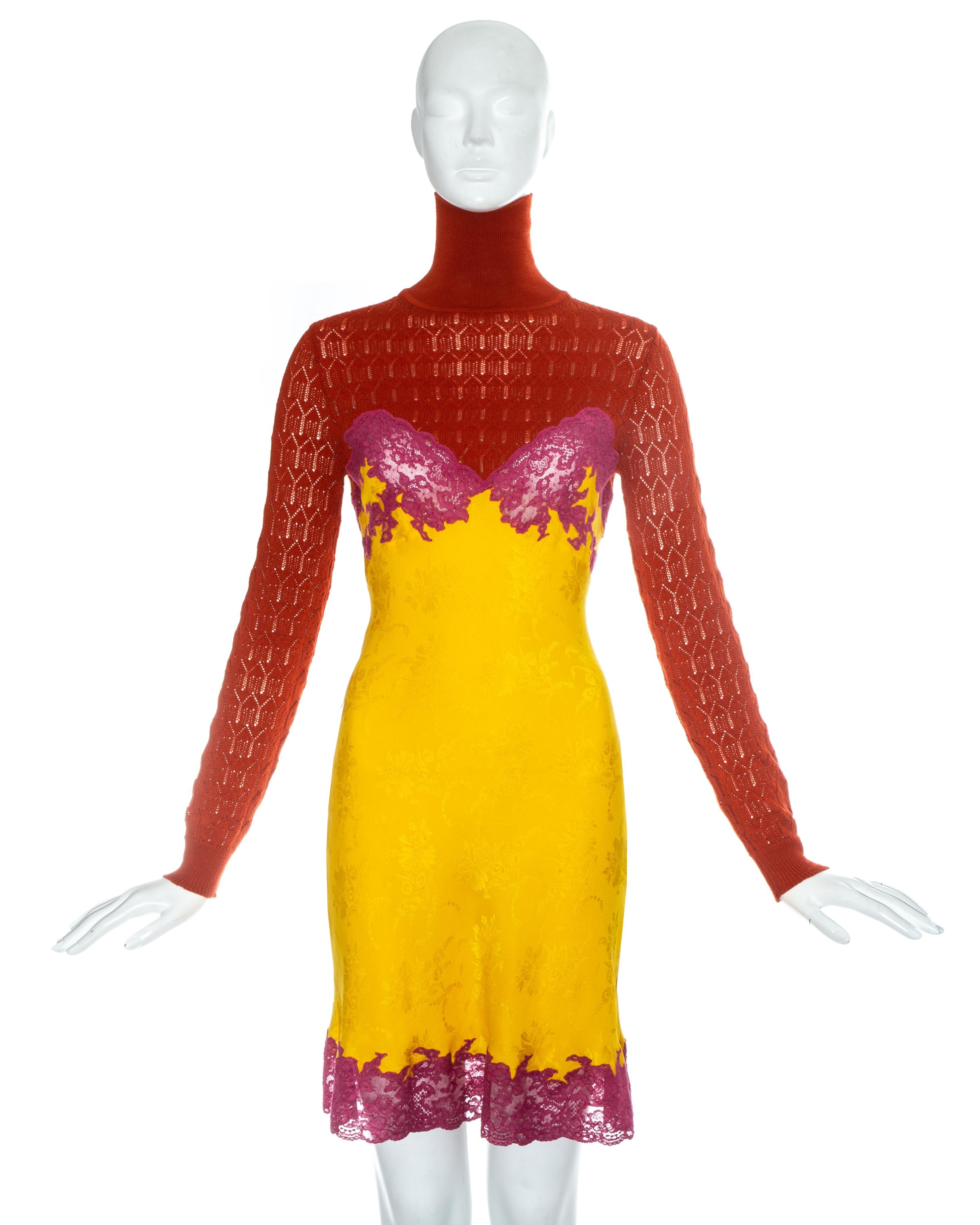Christian Dior by John Galliano; lingerie inspired evening dress with red crochet knit turtle neck sweater and yellow silk dress with hot pink lace inserts. 

Fall-Winter 1998