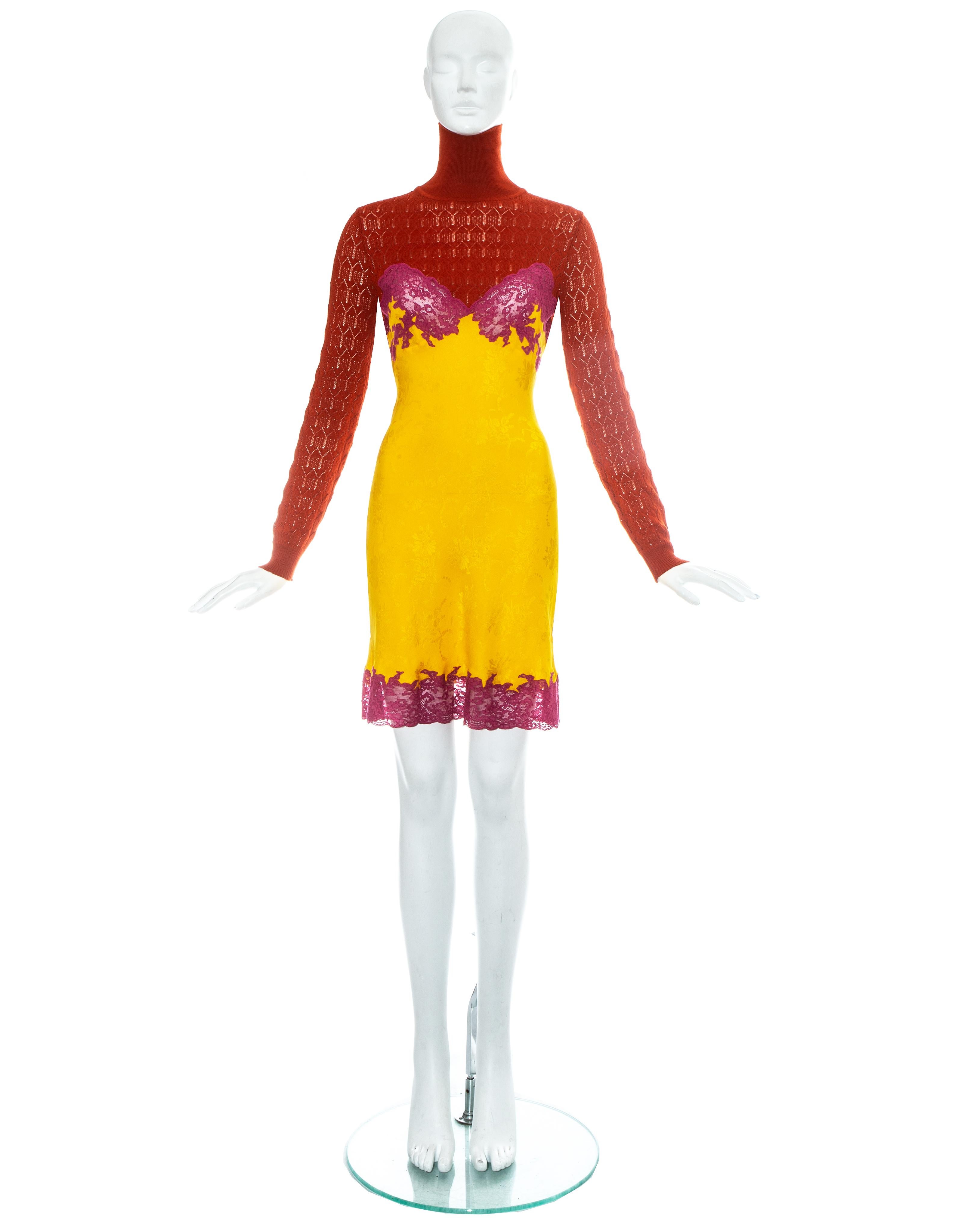 Christian Dior by John Galliano; lingerie inspired evening dress with red crochet knit turtle neck sweater and yellow silk dress with hot pink lace inserts.

Fall-Winter 1998