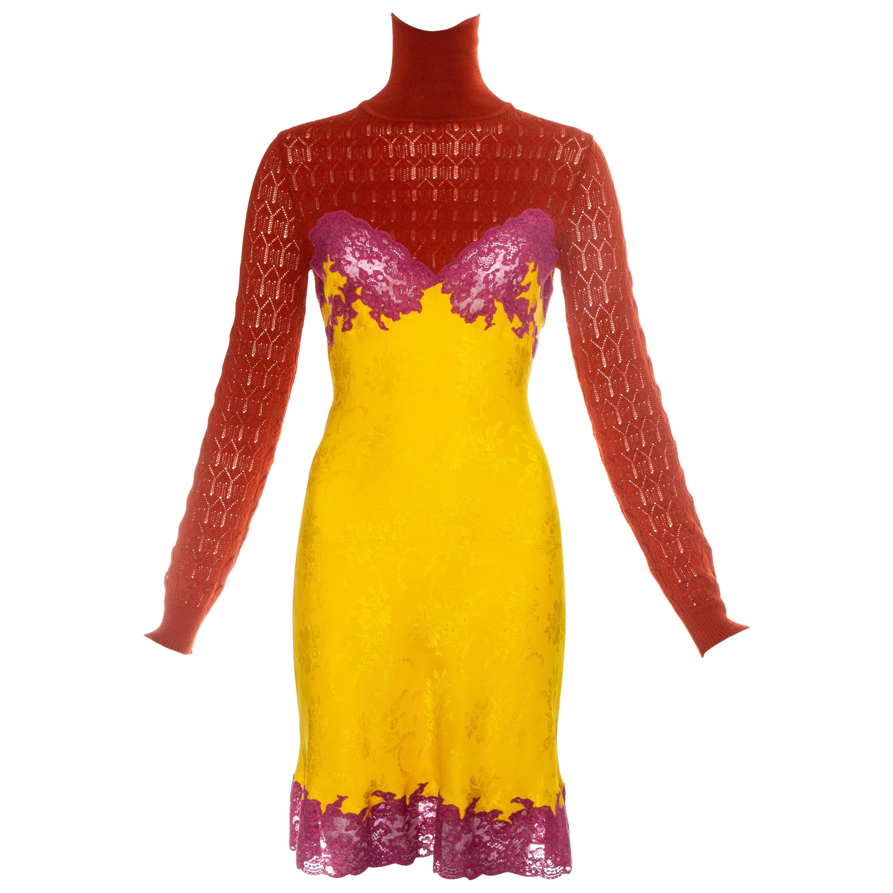 Christian Dior by John Galliano yellow and pink lace slip dress, fw 1998 For Sale