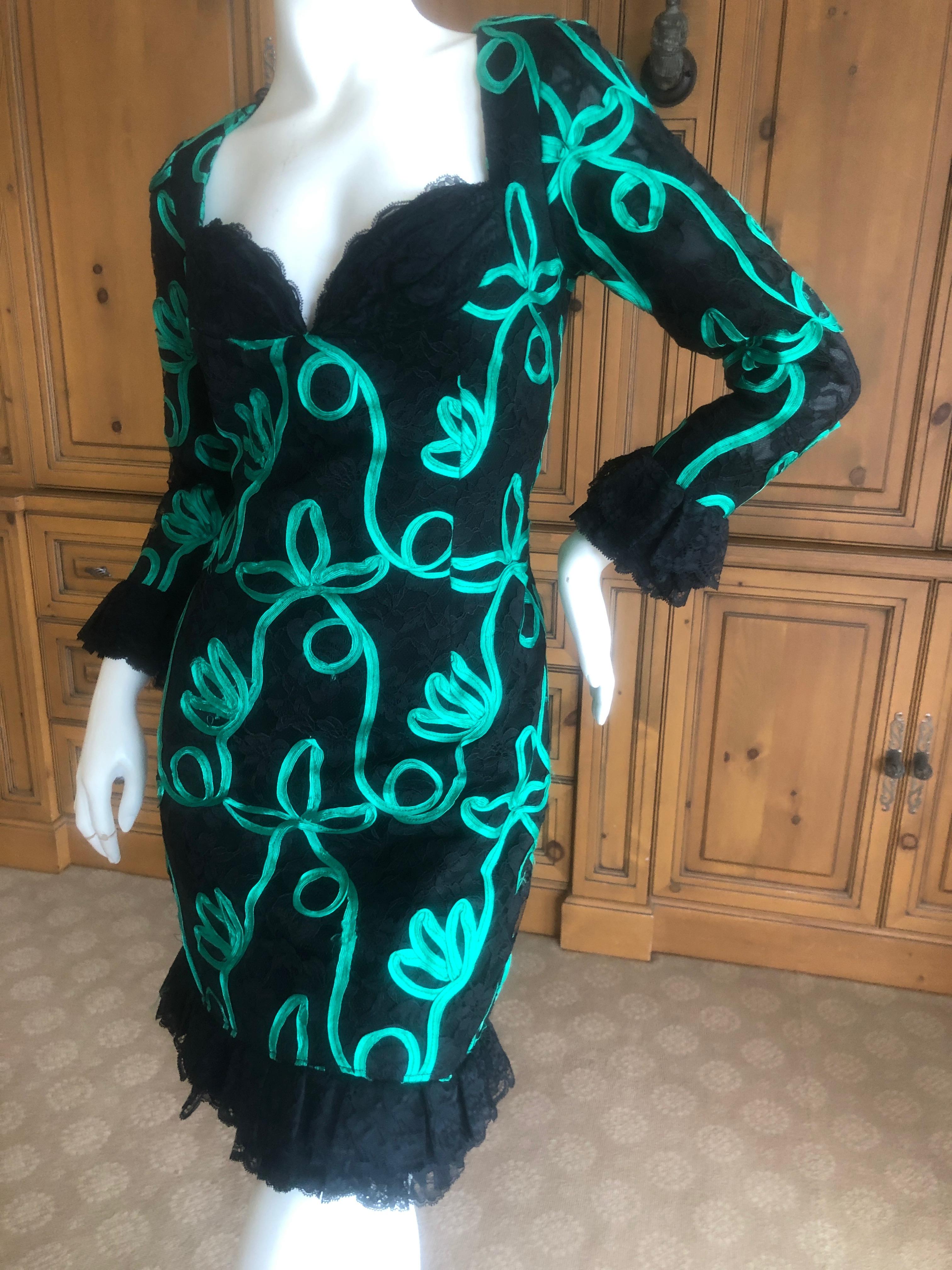  Christian Dior by Marc Bohan Black Lace Embellished Mini Cocktail Dress In Excellent Condition For Sale In Cloverdale, CA