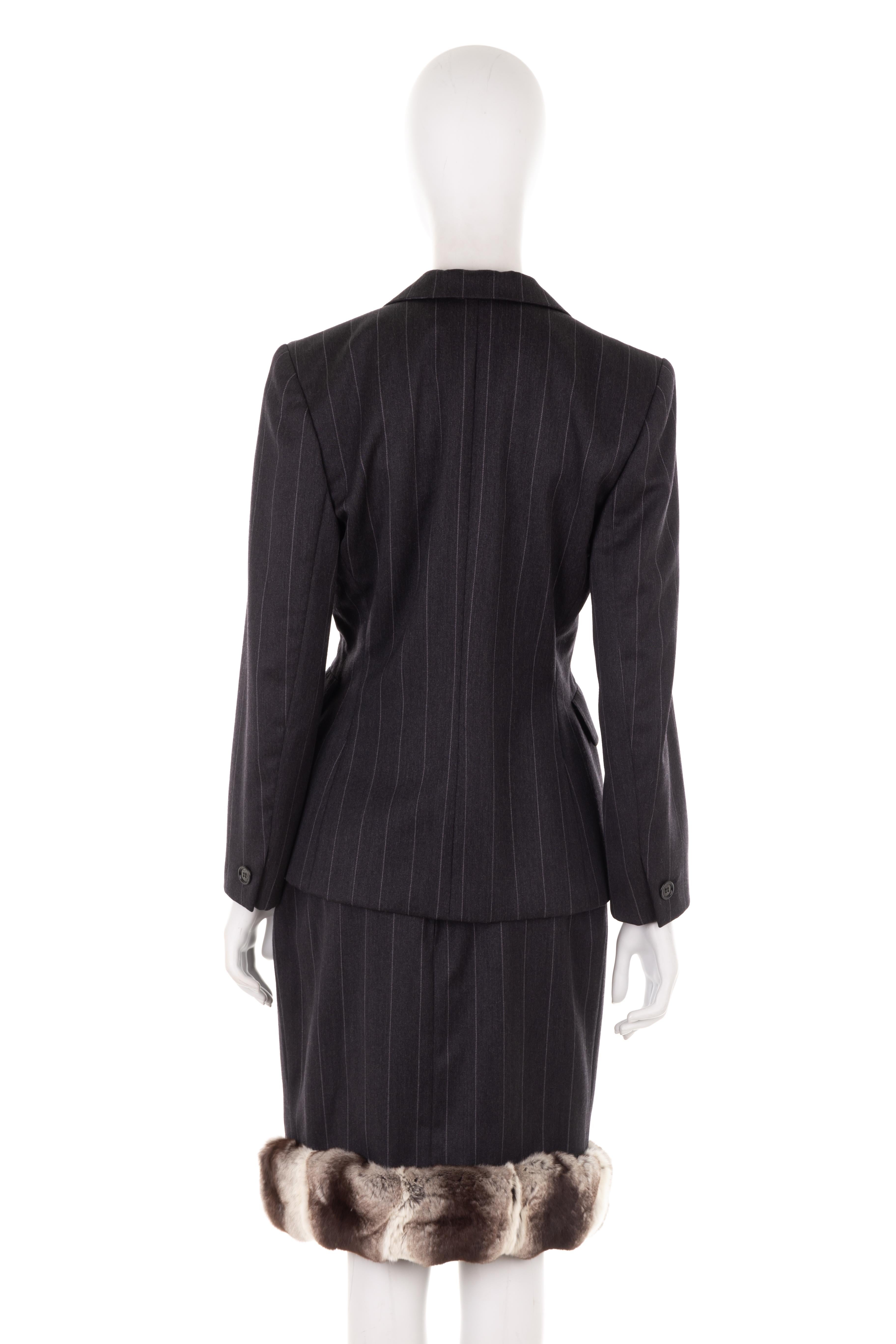 Christian Dior by Marc Bohan F/W 1987 grey pinstripe Chinchilla fur skirt suit In Excellent Condition For Sale In Rome, IT
