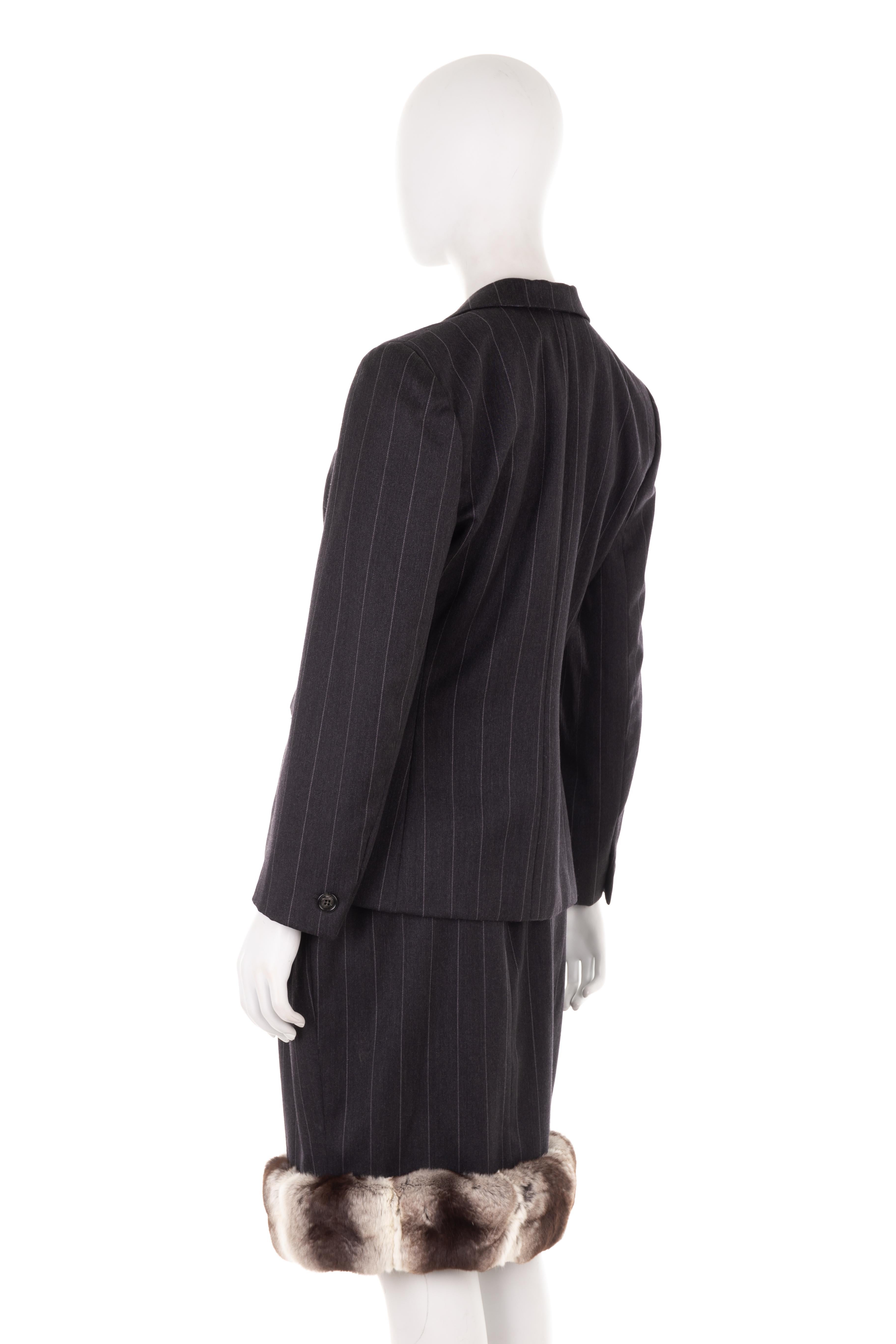 Christian Dior by Marc Bohan F/W 1987 grey pinstripe Chinchilla fur skirt suit In Excellent Condition For Sale In Rome, IT