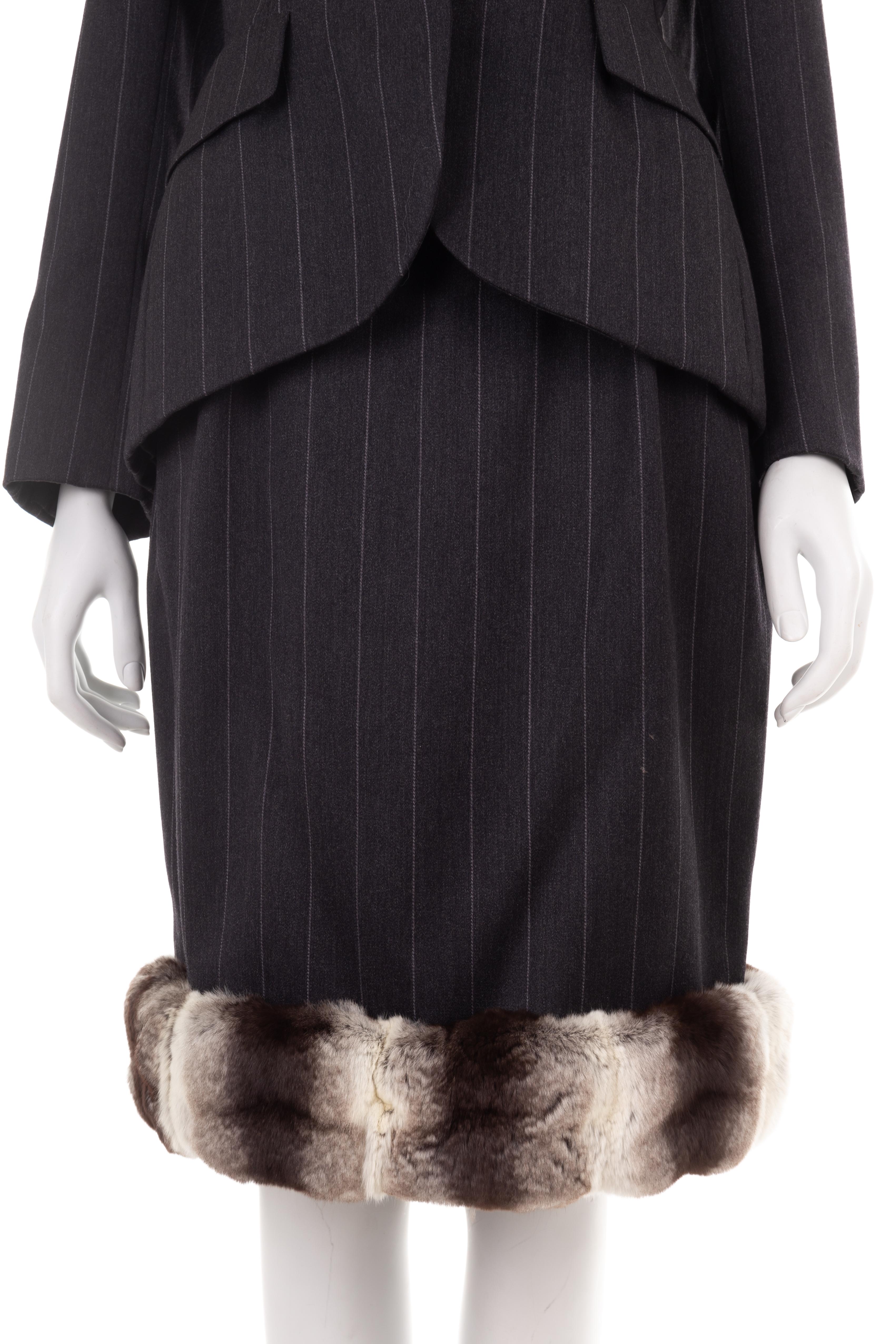 Christian Dior by Marc Bohan F/W 1987 grey pinstripe Chinchilla fur skirt suit For Sale 1