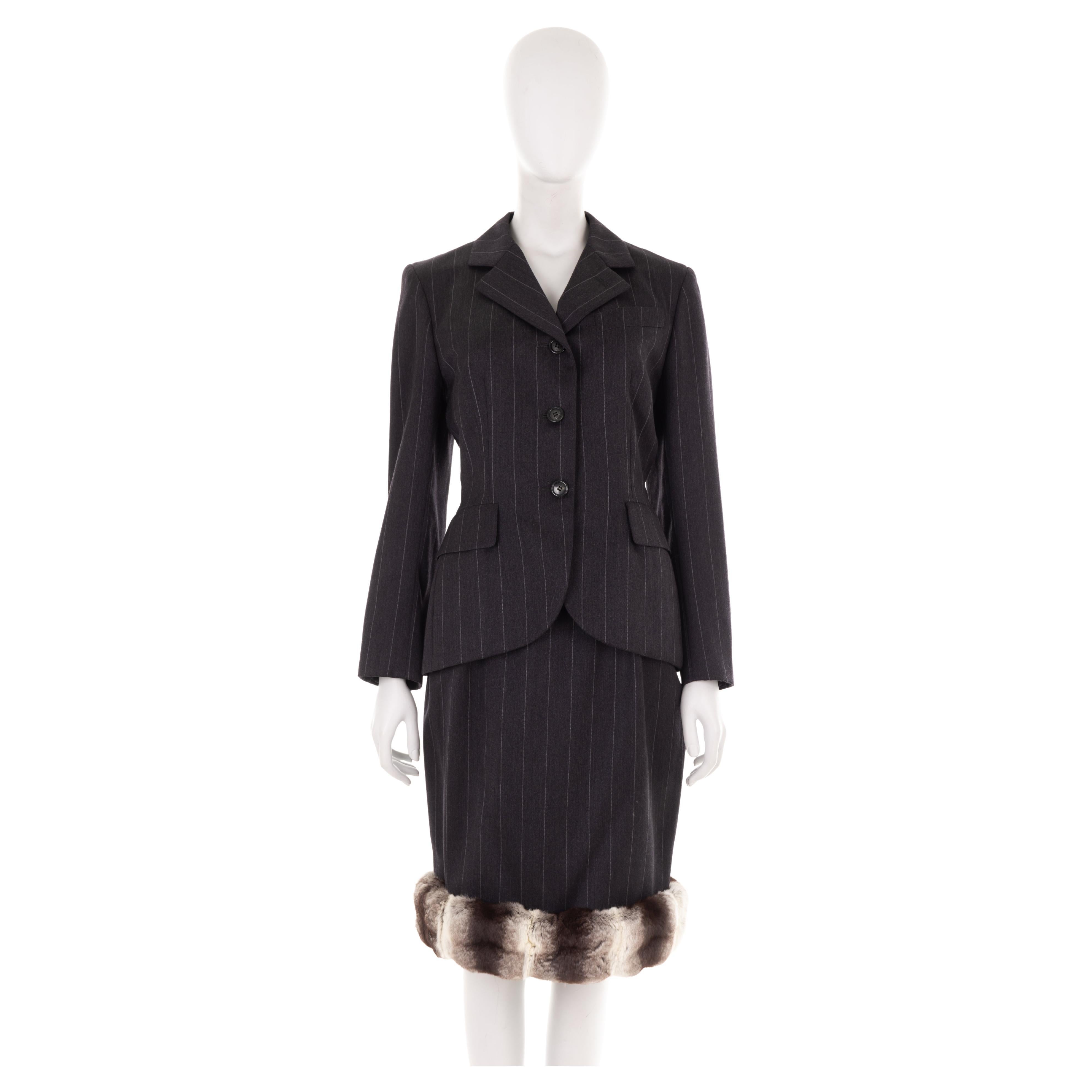 Christian Dior by Marc Bohan F/W 1987 grey pinstripe Chinchilla fur skirt suit For Sale
