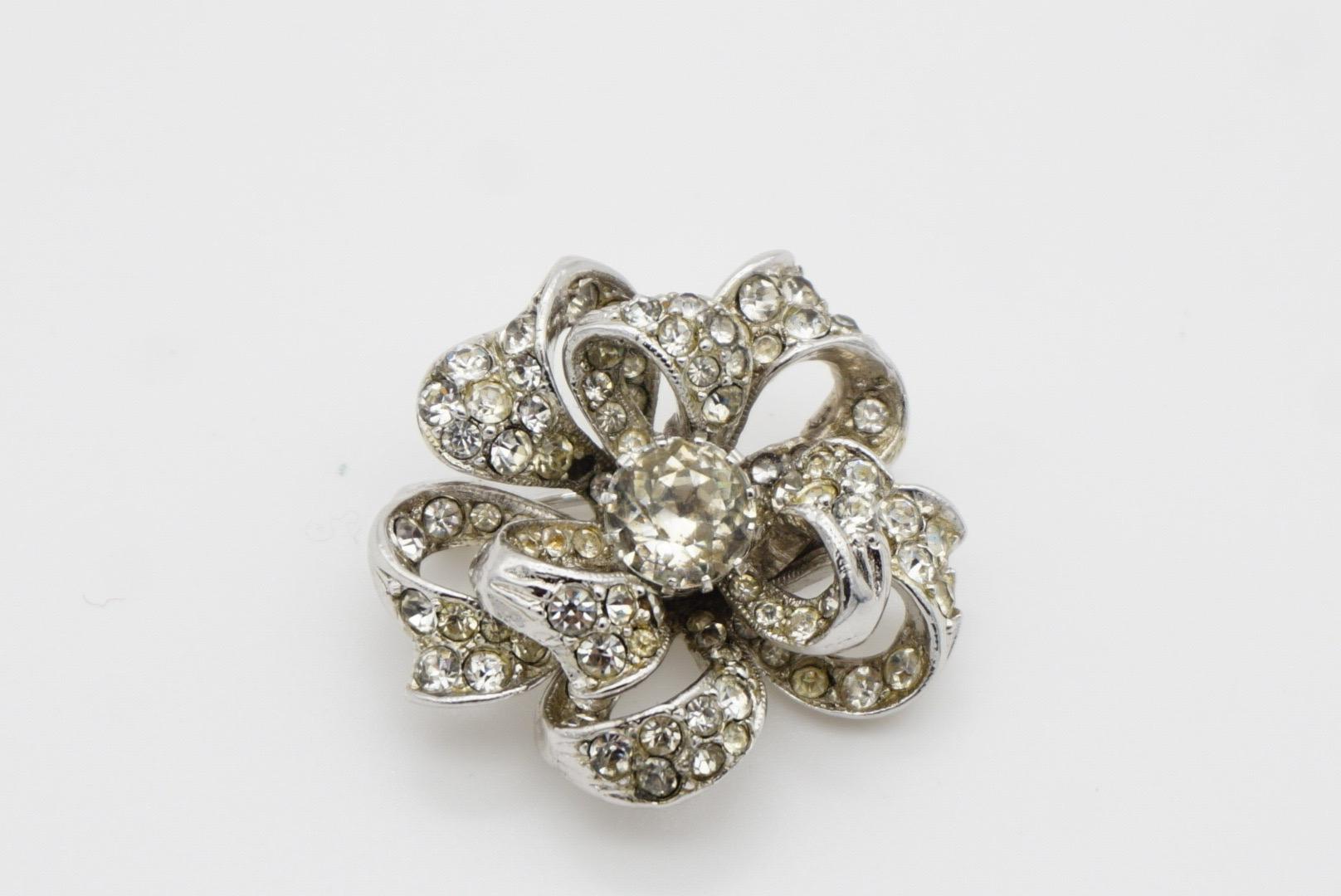 Christian Dior by Mitchel Maer 1950s Crystals Double Layer Flower Silver Brooch 5