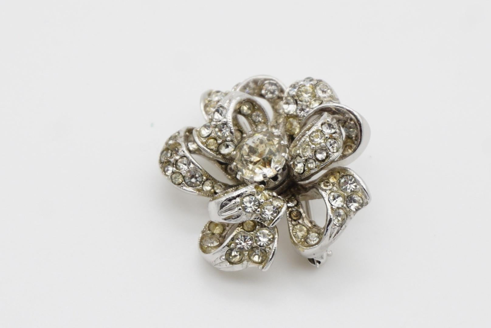 Christian Dior by Mitchel Maer 1950s Crystals Double Layer Flower Silver Brooch 6