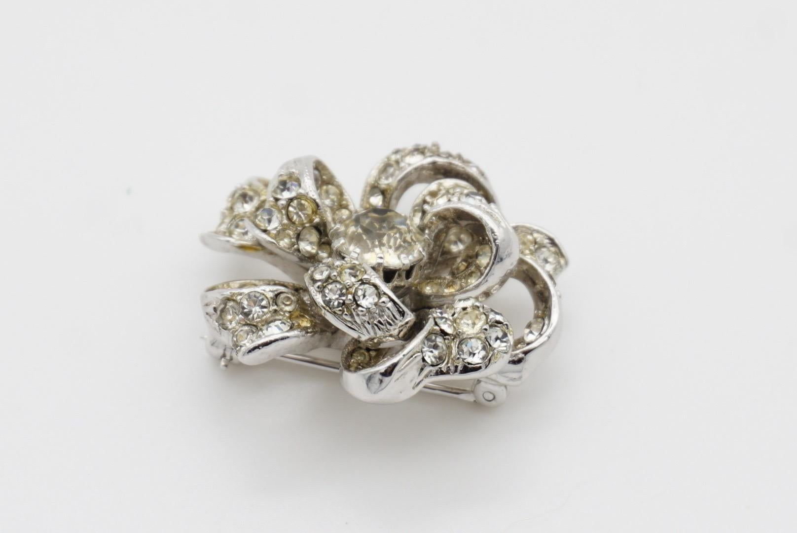 Christian Dior by Mitchel Maer 1950s Crystals Double Layer Flower Silver Brooch 7
