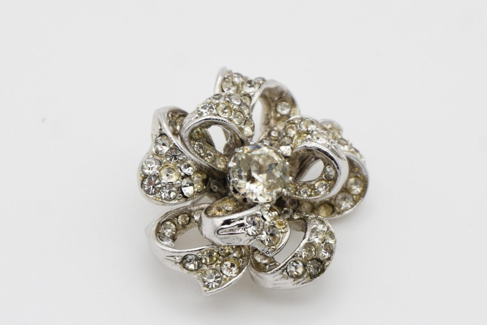 Christian Dior by Mitchel Maer 1950s Crystals Double Layer Flower Silver Brooch 8