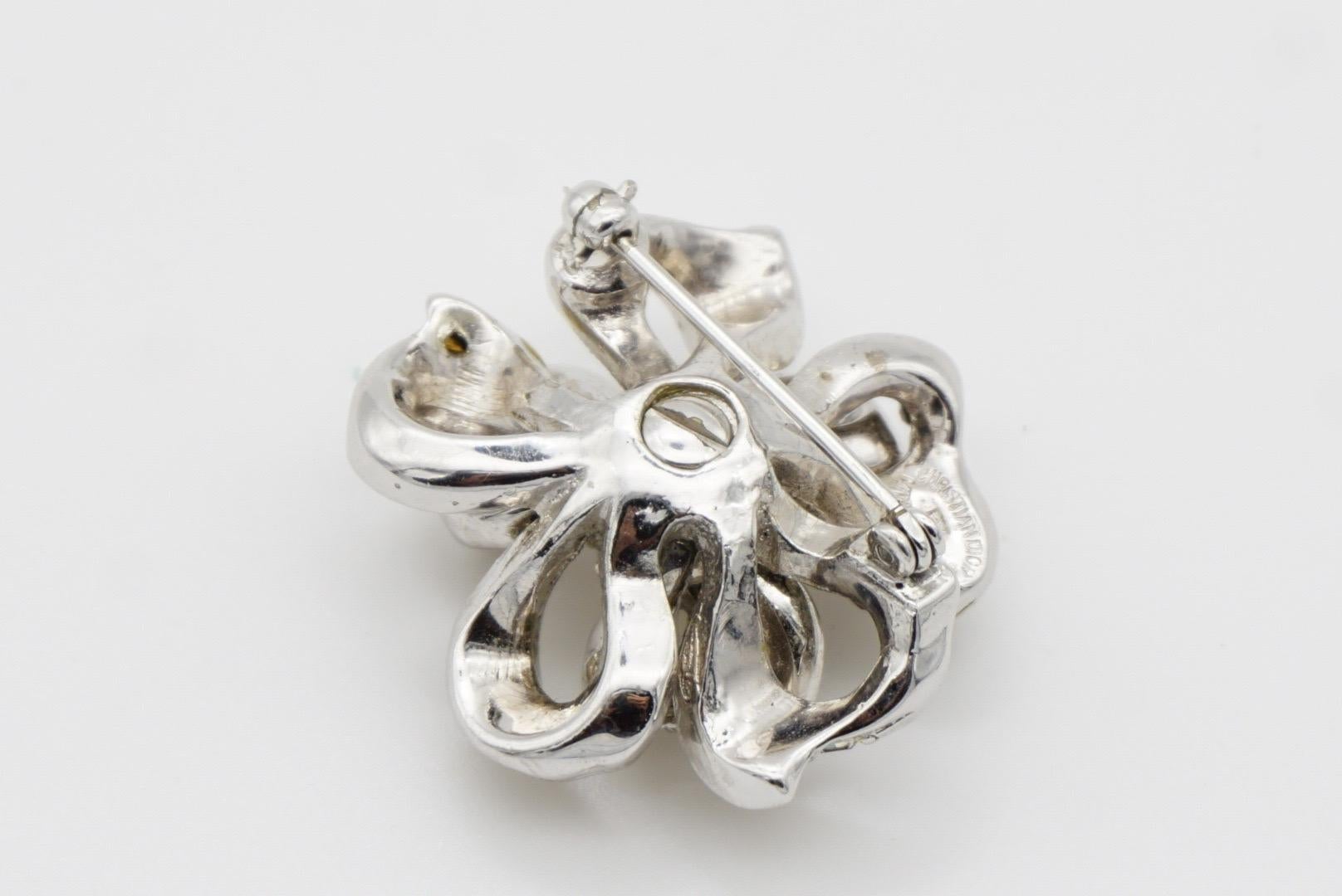 Christian Dior by Mitchel Maer 1950s Crystals Double Layer Flower Silver Brooch 9