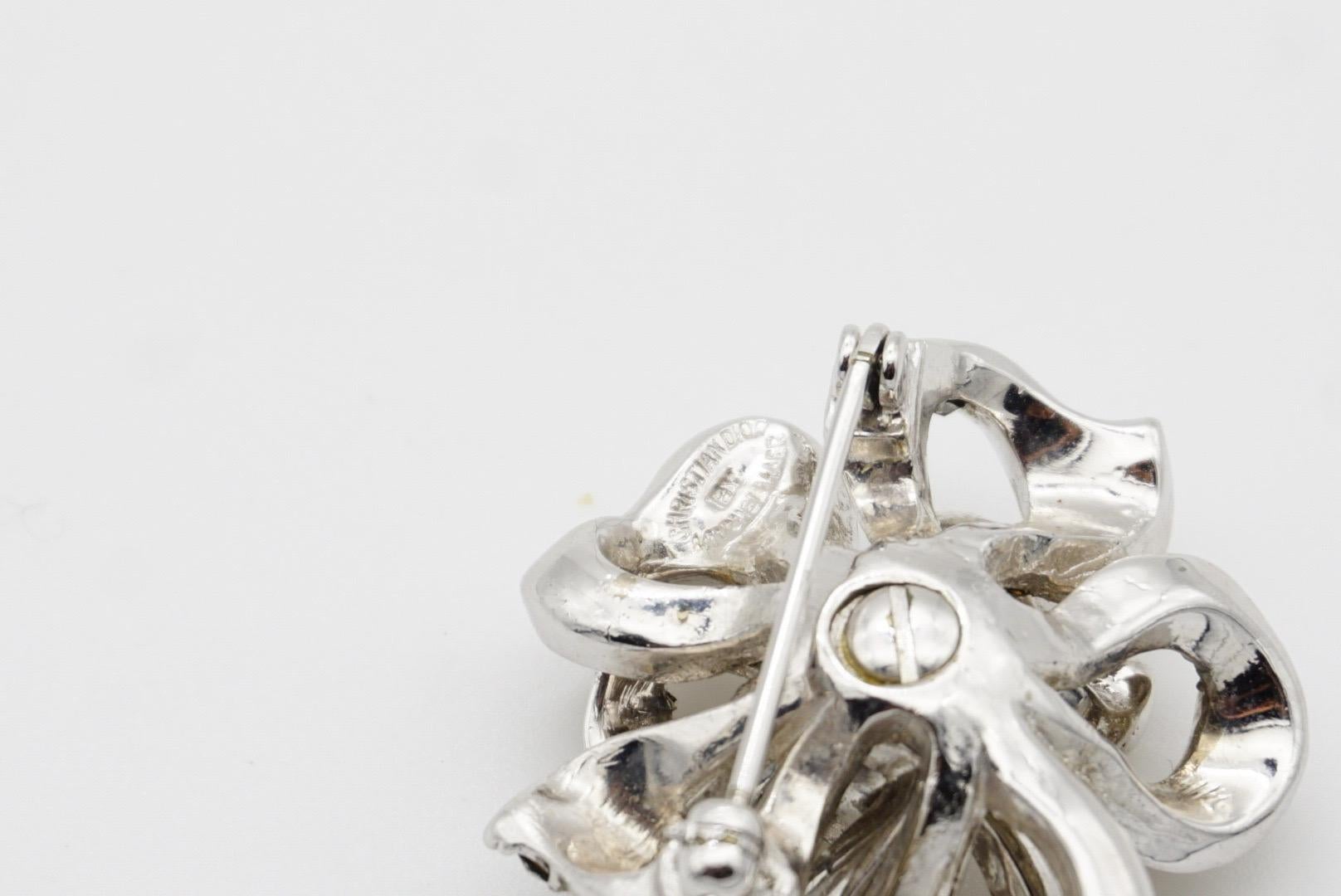 Christian Dior by Mitchel Maer 1950s Crystals Double Layer Flower Silver Brooch 10