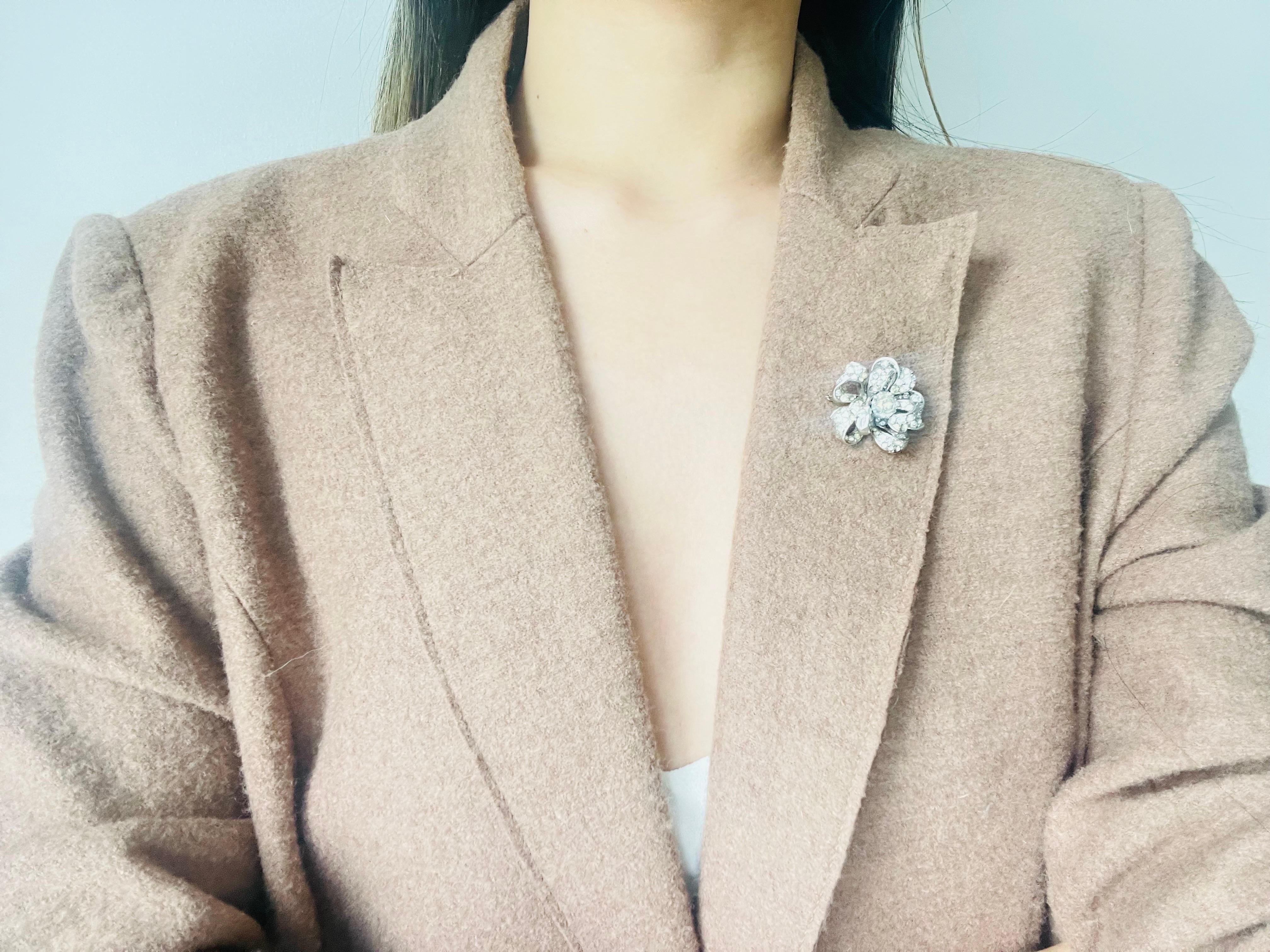 Christian Dior by Mitchel Maer 1950s Crystals Double Layer Flower Silver Brooch 2